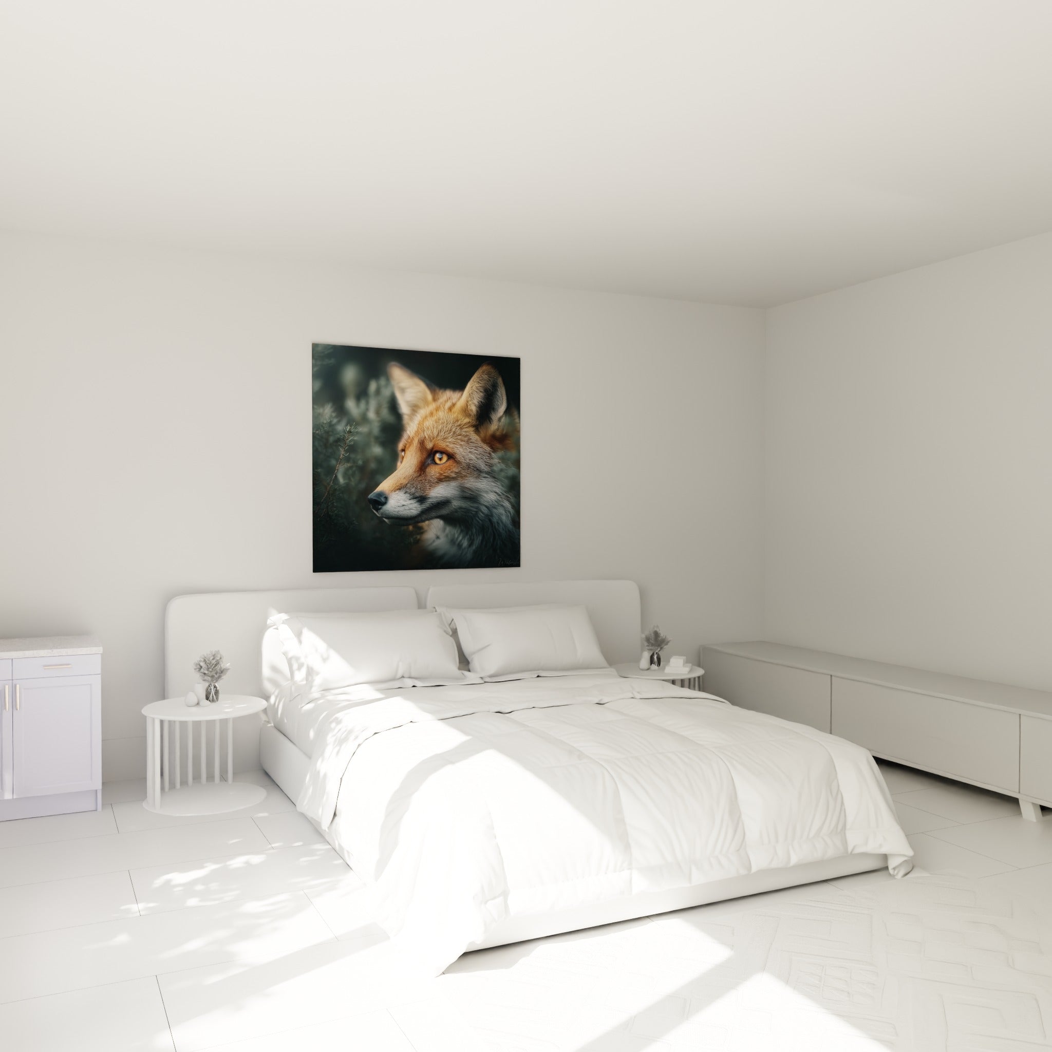 Museau de renard aux yeux ambrés et pelage fauve gris, accroché au-dessus d'un lit dans une chambre claire