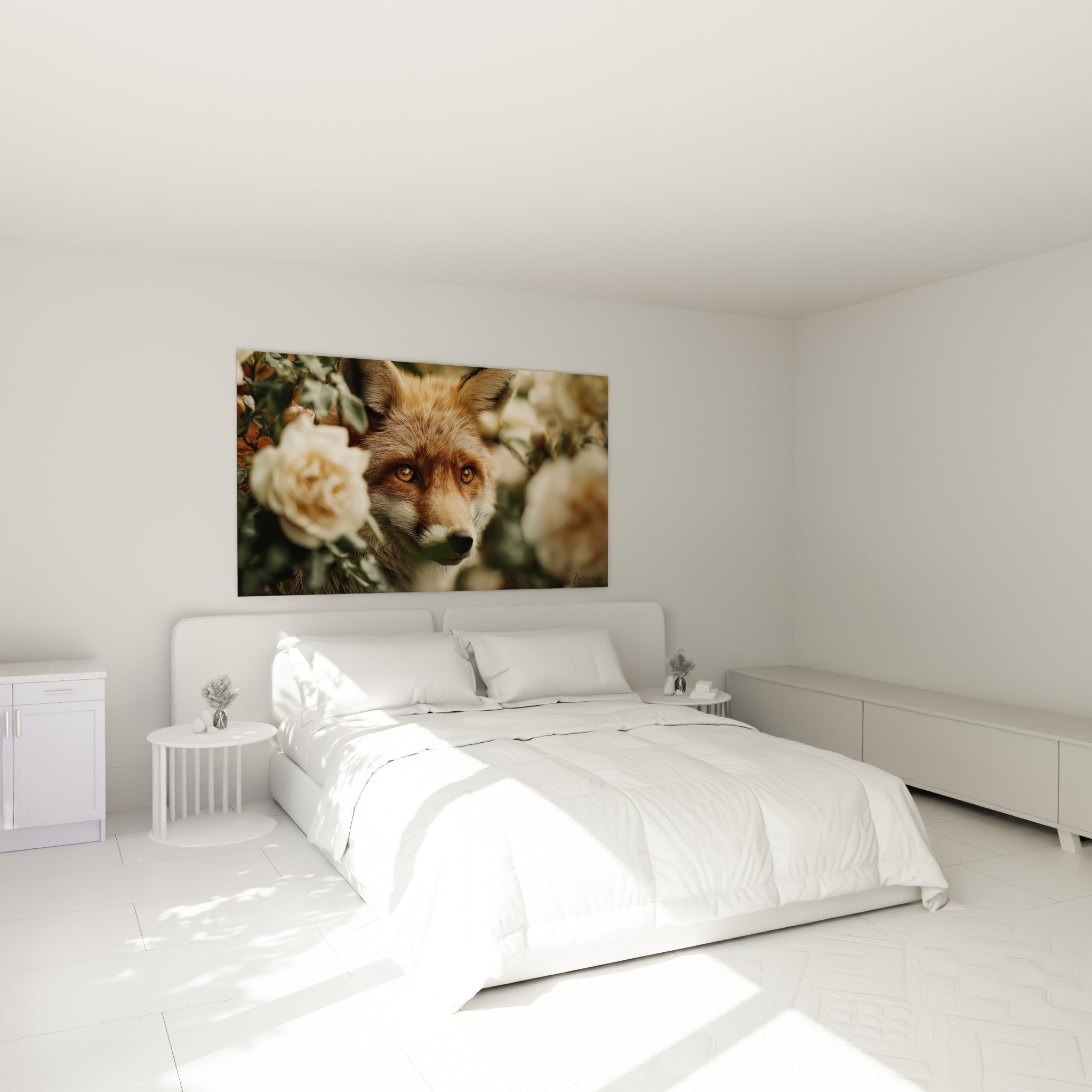 Museau blanc et yeux ambrés du renard entouré de roses ivoire, accroché au-dessus d'un lit dans une chambre claire