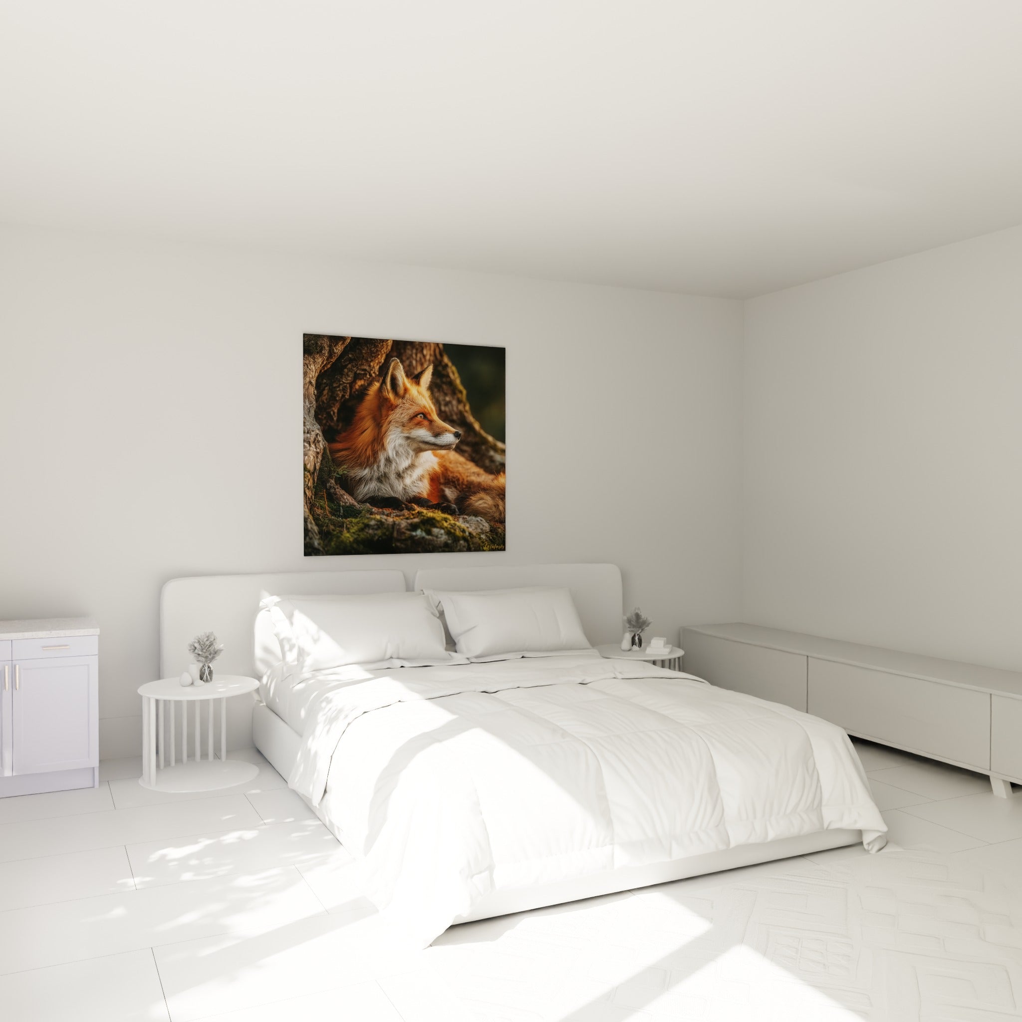 Museau fin et fourrure blanche du renard roux, au-dessus d'un lit dans une chambre claire