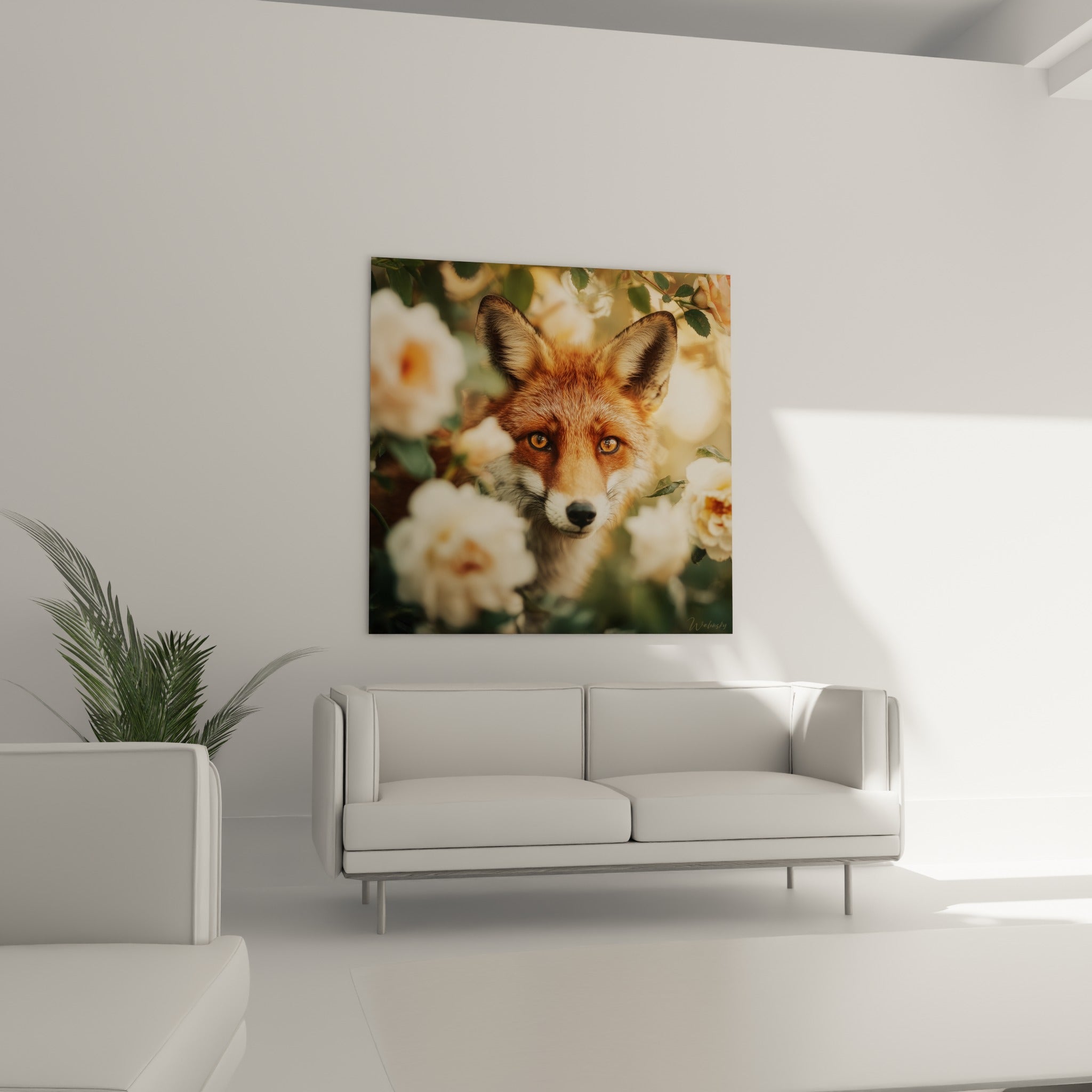 Yeux dorés et oreilles dressées du Renard accrochés au-dessus d'un canapé dans un salon lumineux