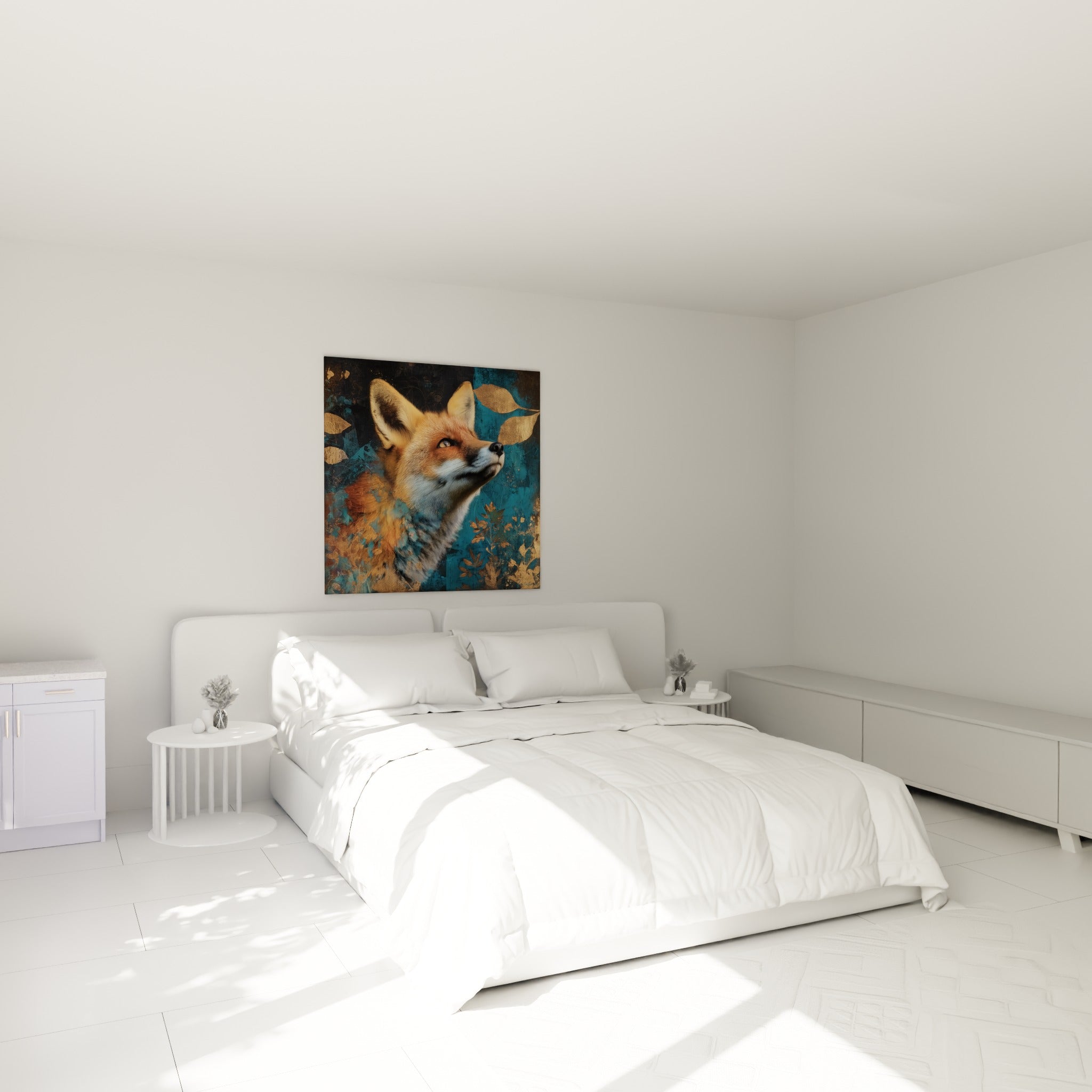 Museau de renard fauve tourné vers le ciel, tableau bleu pétrole accroché au-dessus d'un lit dans une chambre claire