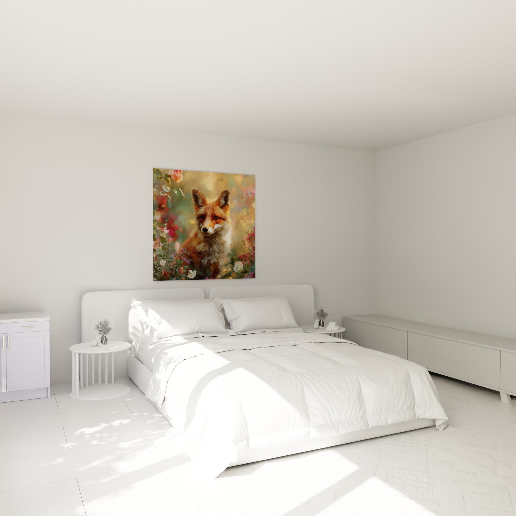 Museau noir et pelage roux du renard, accroché au-dessus d'un lit dans une chambre claire.