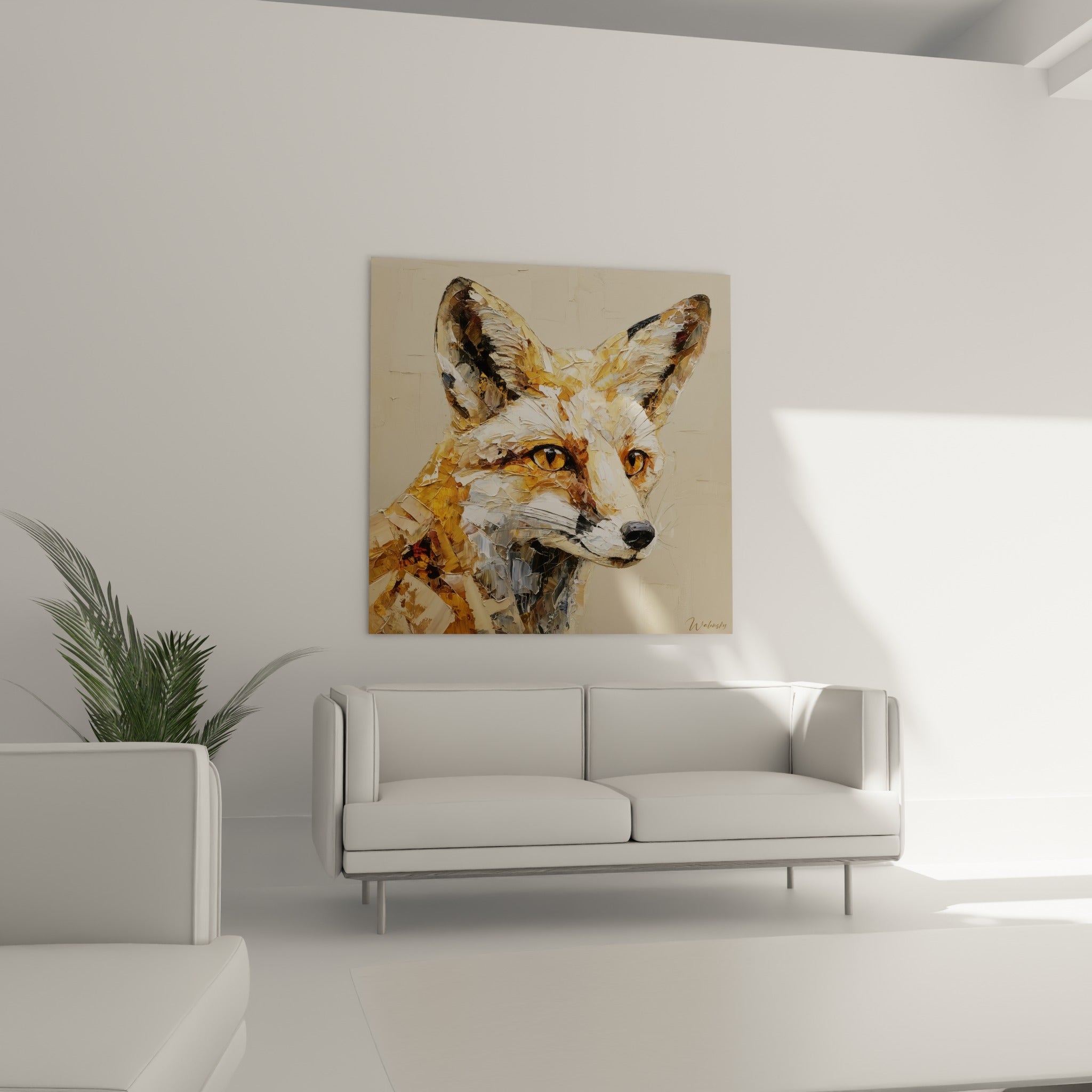 Museau noir et oreilles dressées d'un renard doré et anthracite, au-dessus d'un canapé dans un salon lumineux