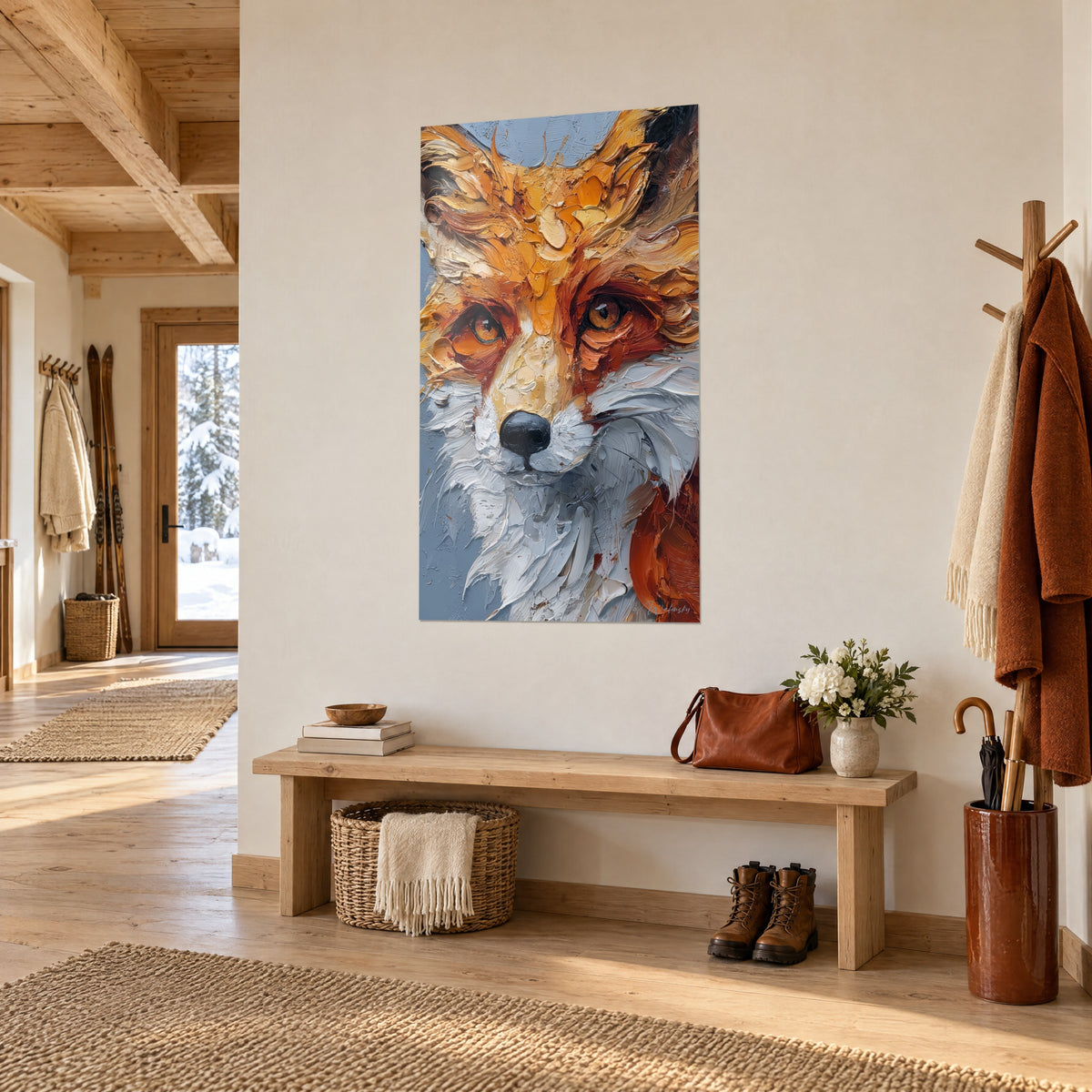 Wall art fox muzzle with a glossy black nose, orange and grey-blue brushstrokes, hung near a chalet-style wooden bench