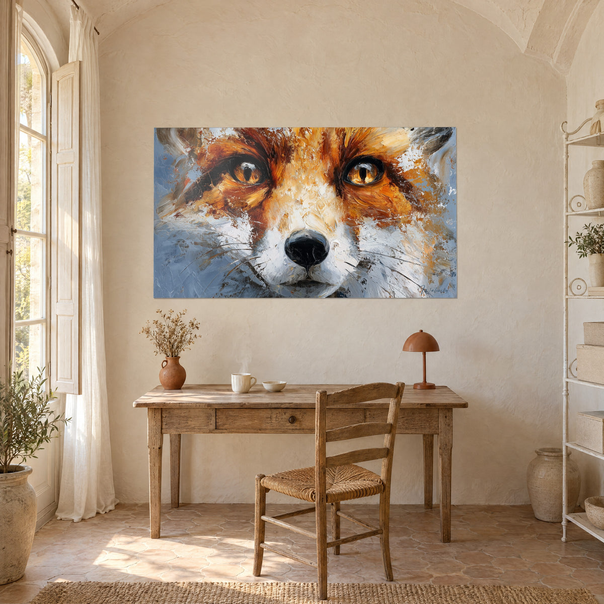 Quadro volto di volpe dai lunghi baffi bianchi, occhi giallo miele, ramati e grigio perla, sopra una scrivania in legno chiaro