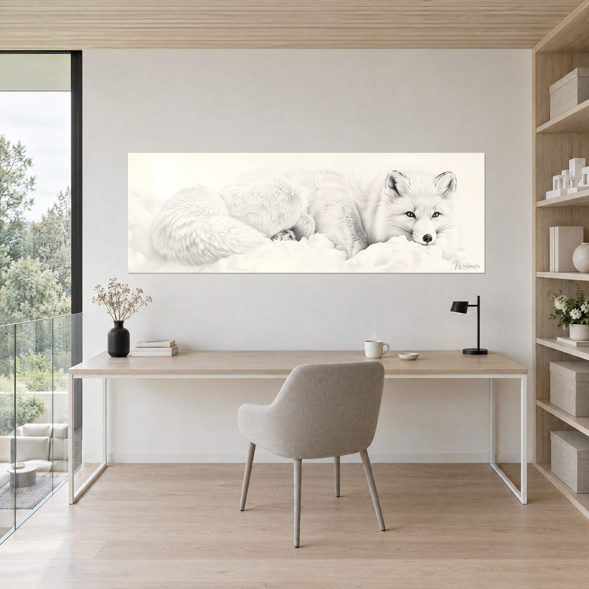 Cuadro cachorro de zorro nórdico de pelaje mullido blanco y gris, panorámica estrecha, en la pared de un despacho de roble claro