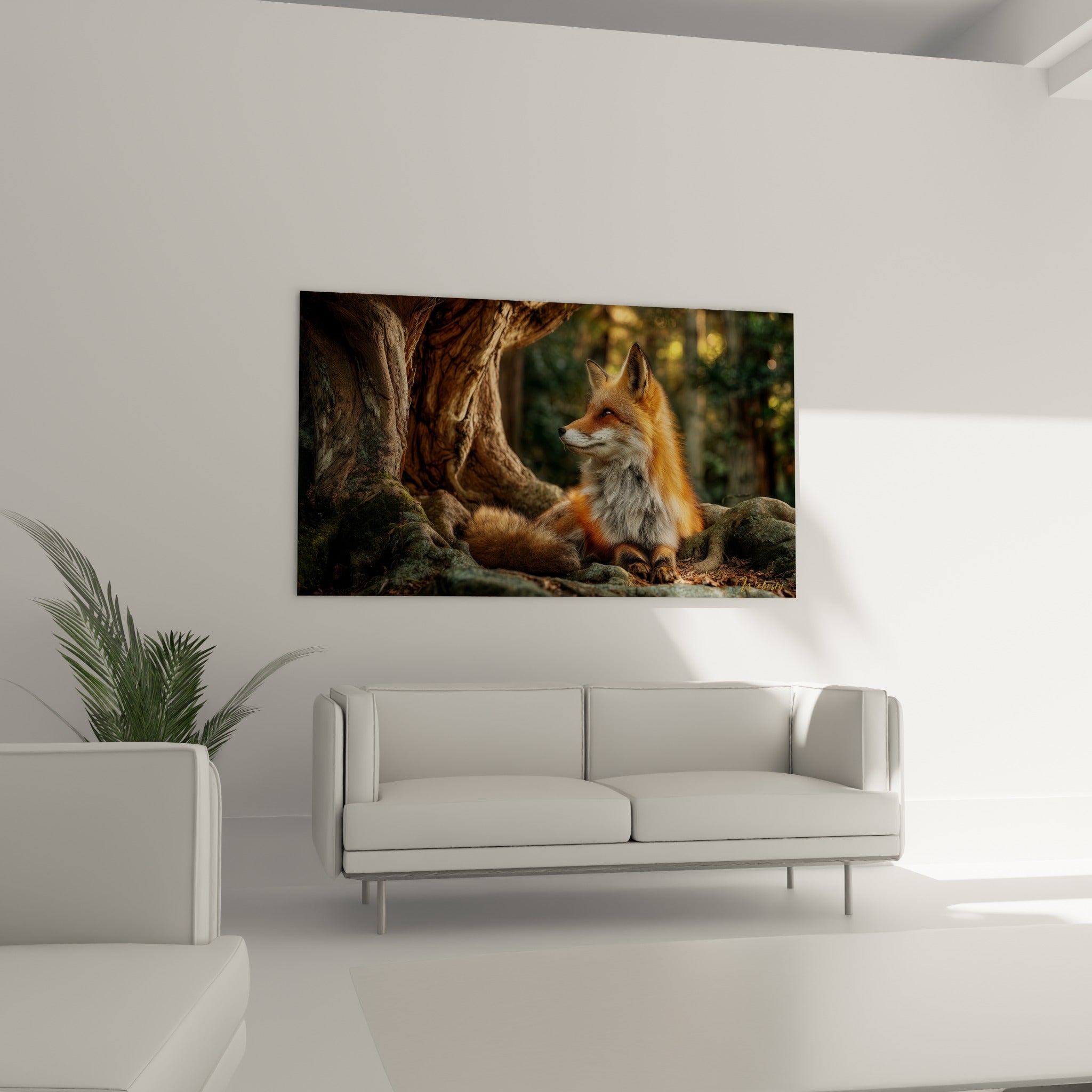 Renard roux blotti sous un arbre noueux, tons ocre et brun, au-dessus d'un canapé dans un salon lumineux