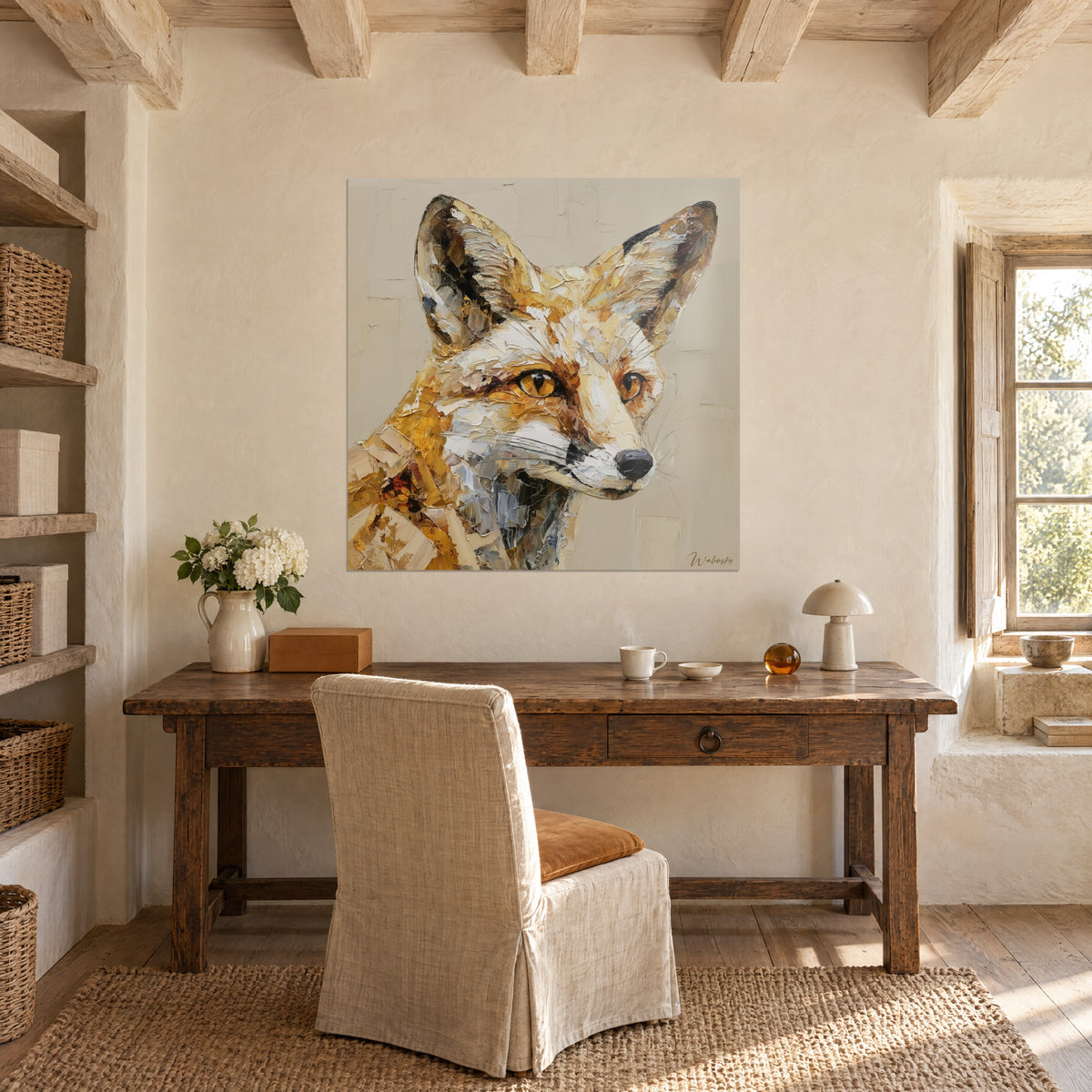 Schilderij rode vos met fijne snorharen, crème beige achtergrond, opgehangen boven een houten bureau bij een raam