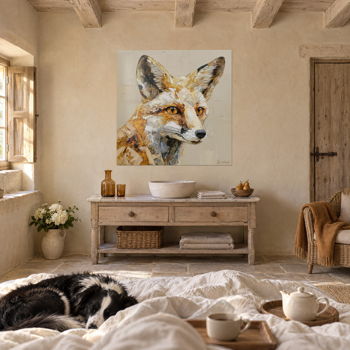 Schilderij vos met waakzame blik, ocker- en witkleurige vacht in dikke verf, boven een bed in een lichte slaapkamer