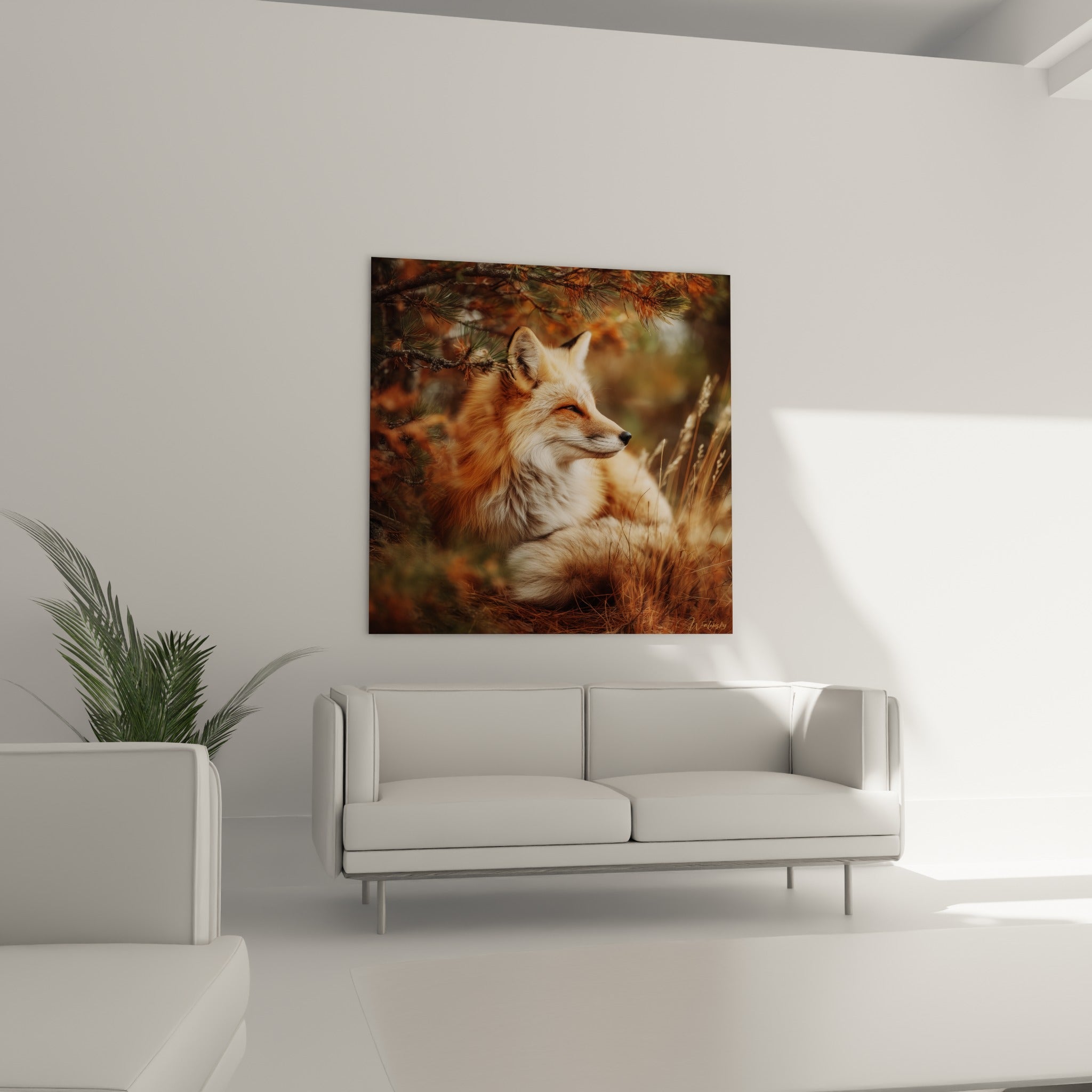 Renard endormi paisiblement, teintes ocre et blanches, au-dessus d'un canapé dans un salon lumineux
