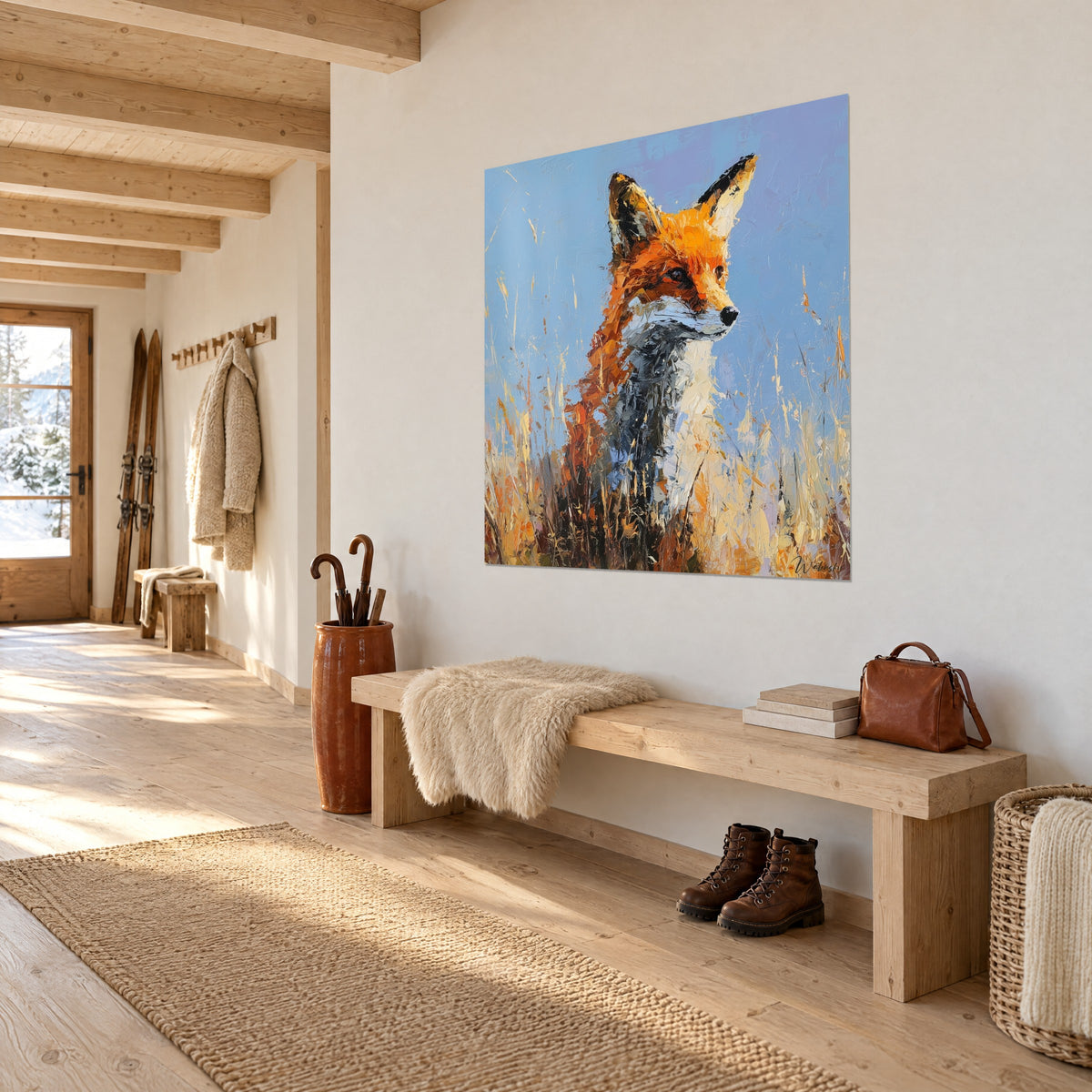 Cuadro zorro anaranjado de hocico blanco, pintura con espátula en azul y ocre, colgado en la pared de una entrada de chalet de madera clara