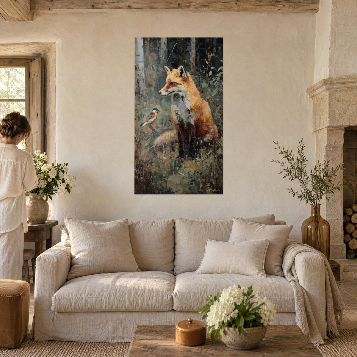 Wall art red fox with orange and white coat, seated beside a bullfinch, green forest, above a sofa in a bright living room