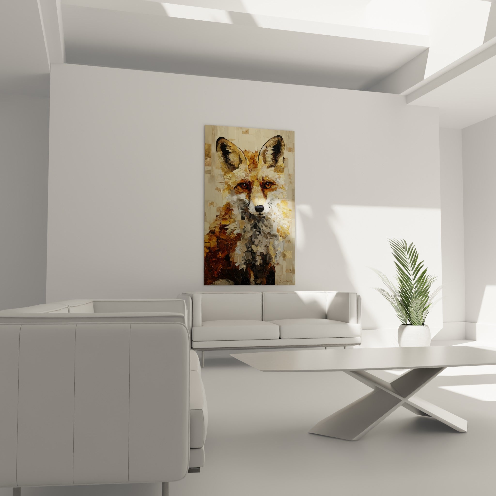 Portrait du renard ocre et brun au regard intense, suspendu au-dessus d'un canapé dans un salon lumineux