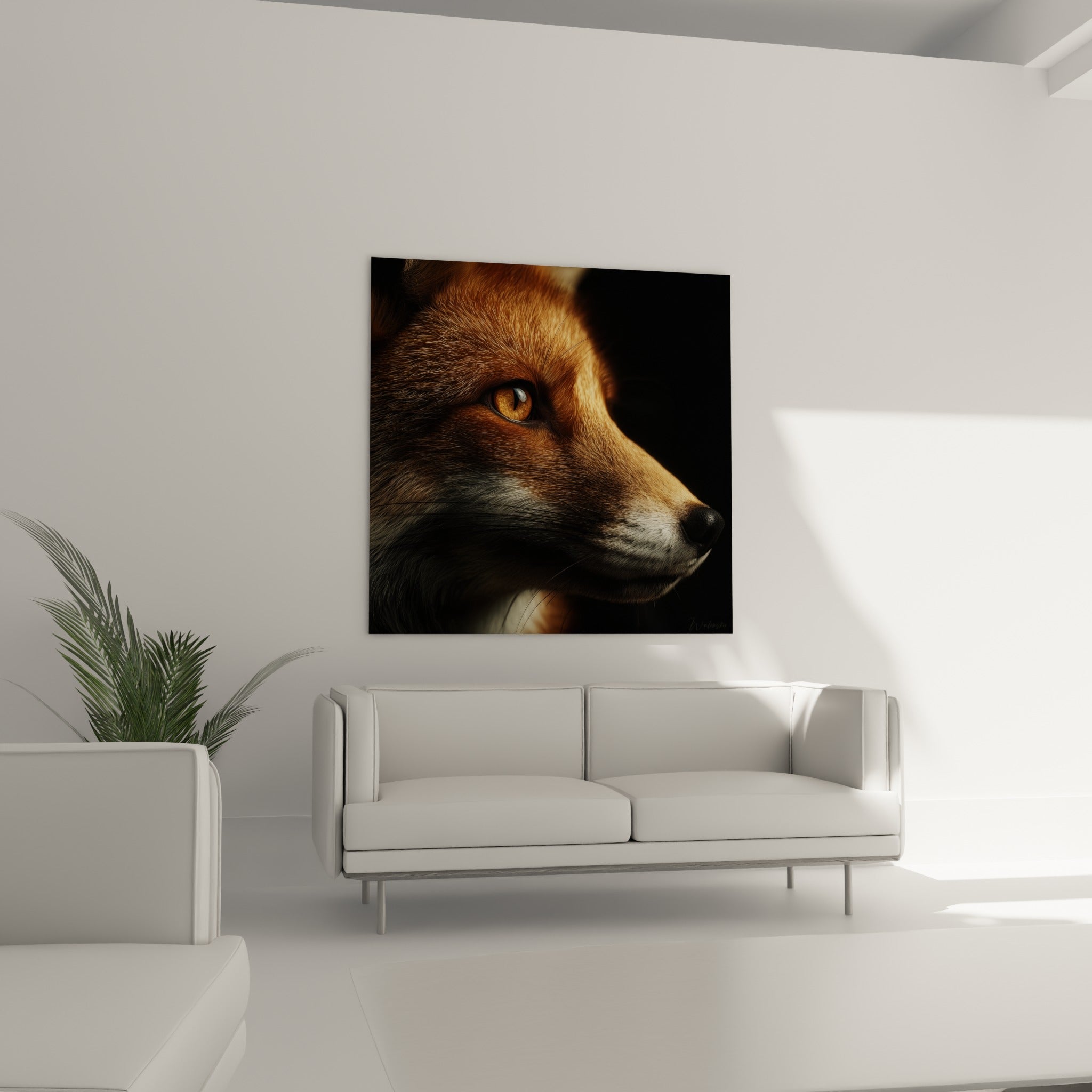 Portrait de renard aux nuances ocre et anthracite, regard fixe, au-dessus d'un canapé dans un salon lumineux
