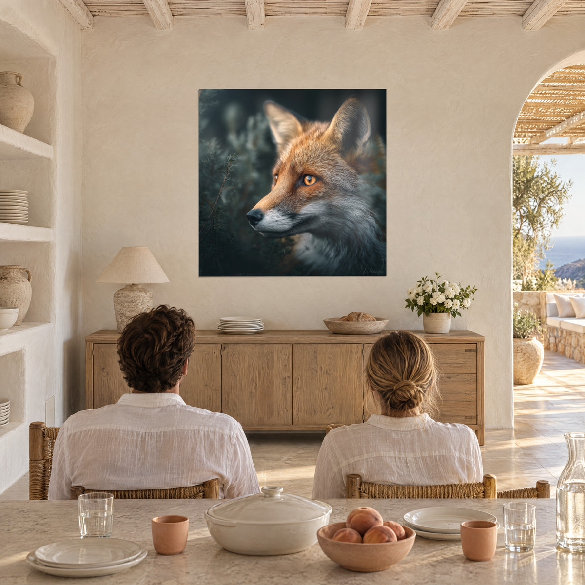 Cuadro ojo ámbar de un zorro rojo en la penumbra verde, pared blanca, dos personas de espaldas en una mesa, casa mediterránea
