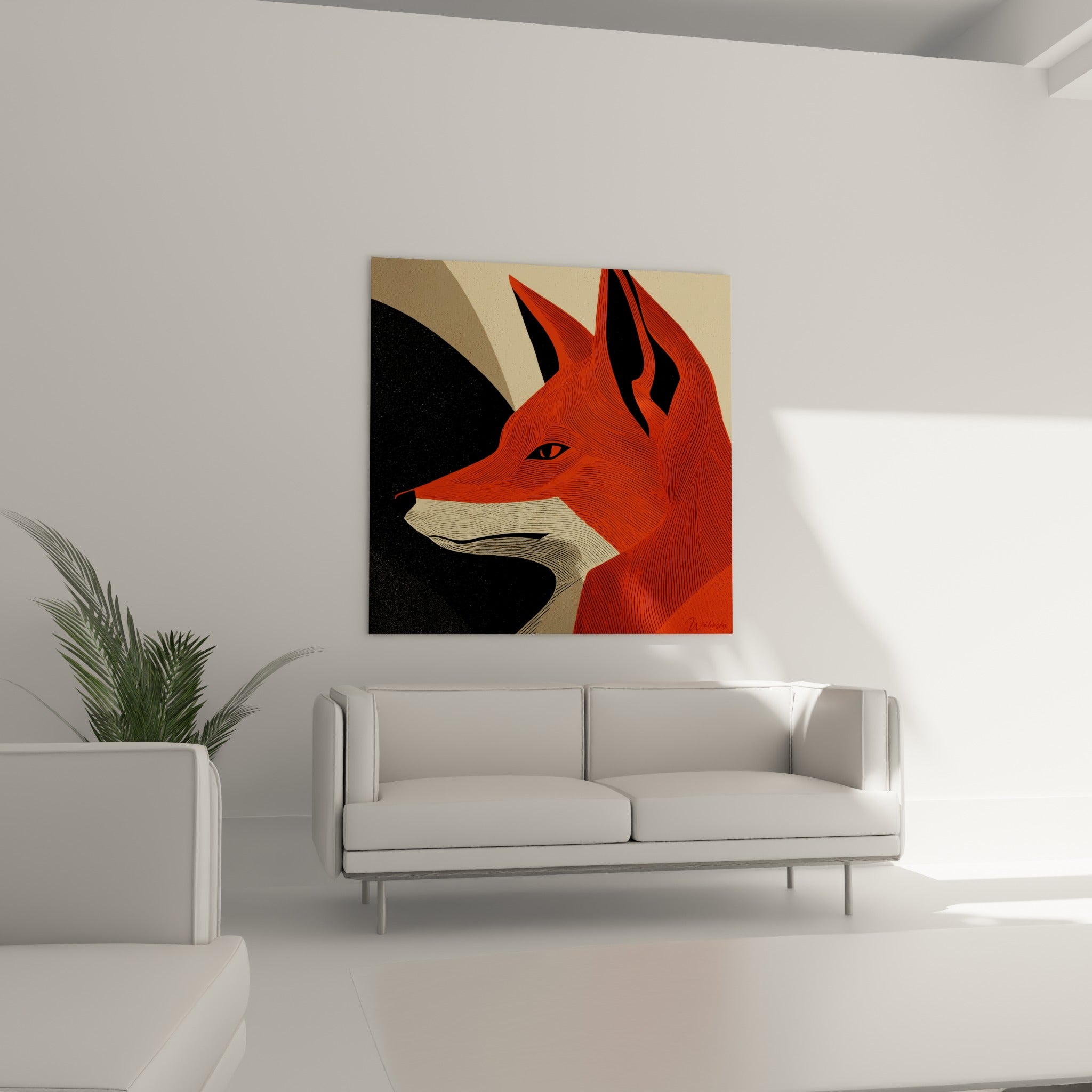 Œil perçant du renard aux traits noirs fins, disposé au-dessus d'un canapé dans un salon lumineux