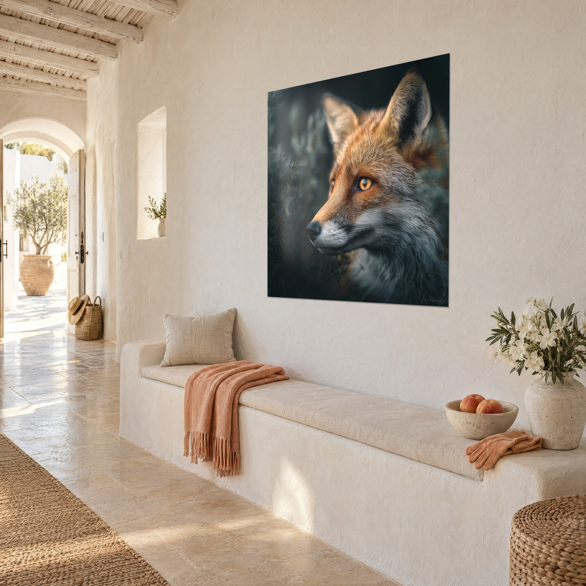 Wall art black muzzle of an orange and white fox, ears pricked up against a misty background, three-quarter view, light hallway