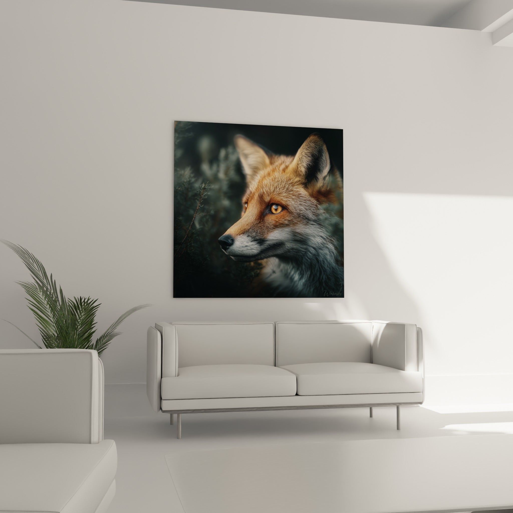 Portrait de renard roux à l'œil ambré intense, fourrure orange et argentée, au-dessus d'un canapé dans un salon lumineux