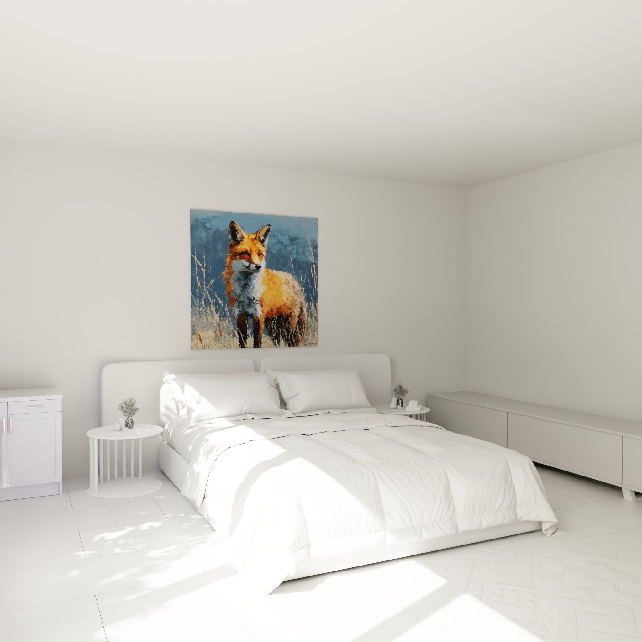 Silhouette de renard orange et blanche, herbes dorées, au-dessus d'un lit dans une chambre claire
