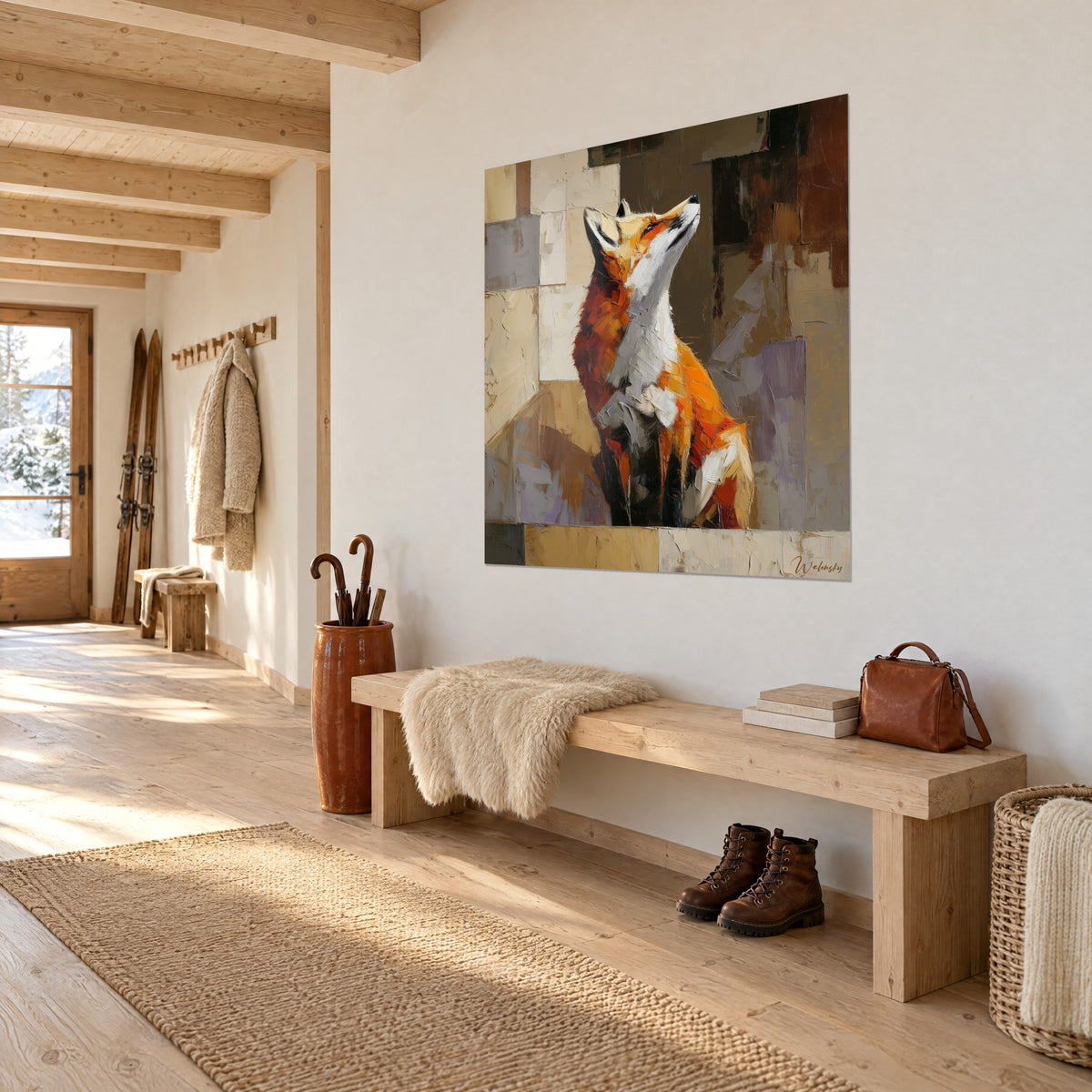 Wall art seated fox, coppery coat and cream chest against a beige and taupe checkered background, three-quarter view in the entrance of a chalet