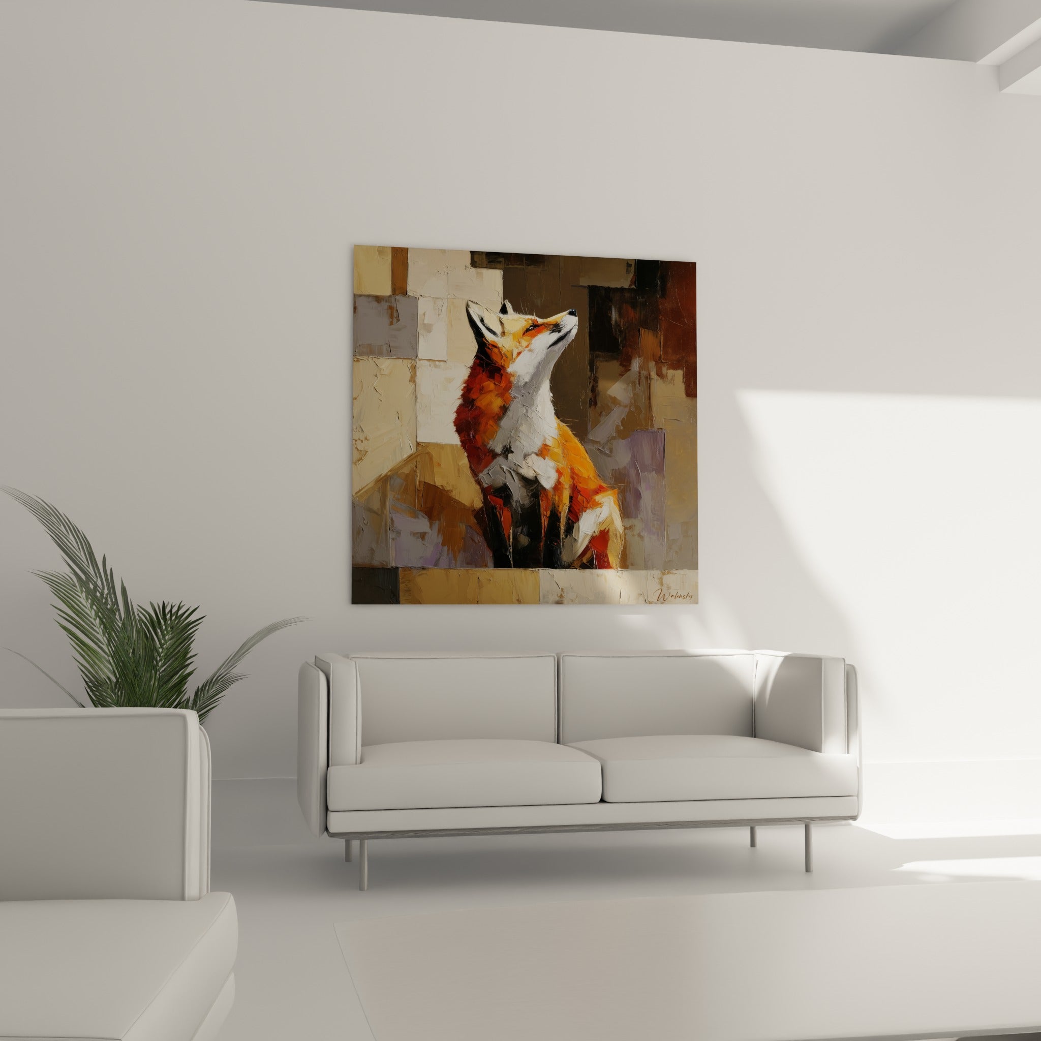 Renard orange et blanc en posture assise, fond en blocs gris et beige, au-dessus d'un canapé dans un salon lumineux