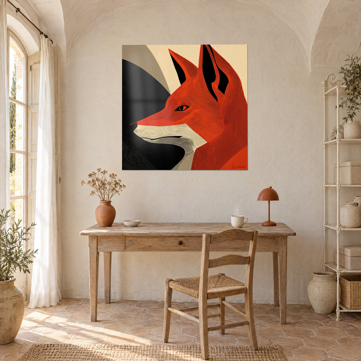 Schilderij silhouet van een scharlakenrode en crèmekleurige vos, aan de witte muur boven een bureau van licht hout bij het raam