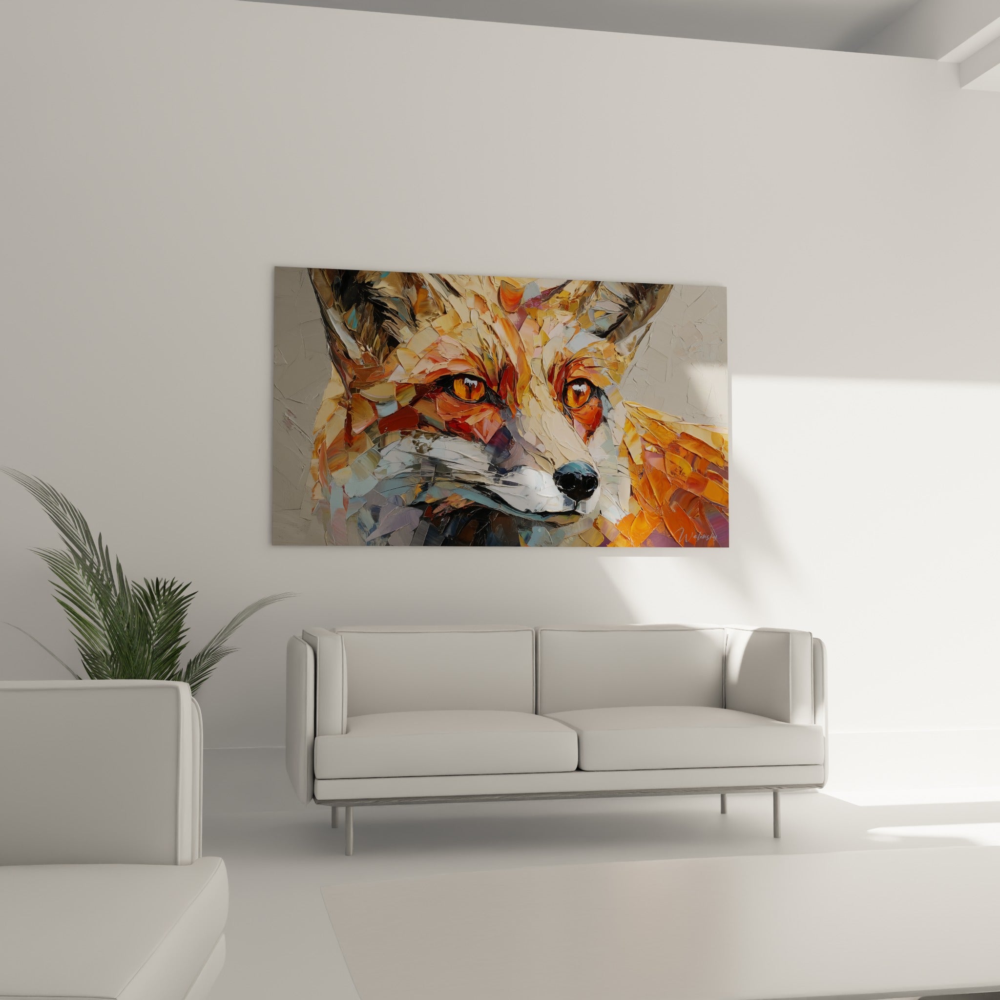 Renard orangé et blanc au regard intense, peinture texturée, au-dessus d'un canapé dans un salon lumineux