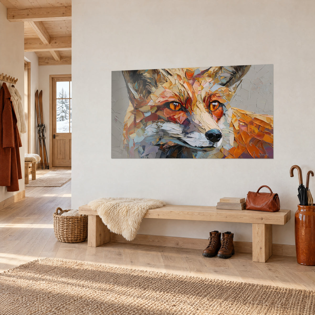 Πίνακας αλεπού με μυτερά αυτιά, λευκό ρύγχος και μαύρη μύτη σε μπεζ φόντο, τρίτο προφίλ στην είσοδο