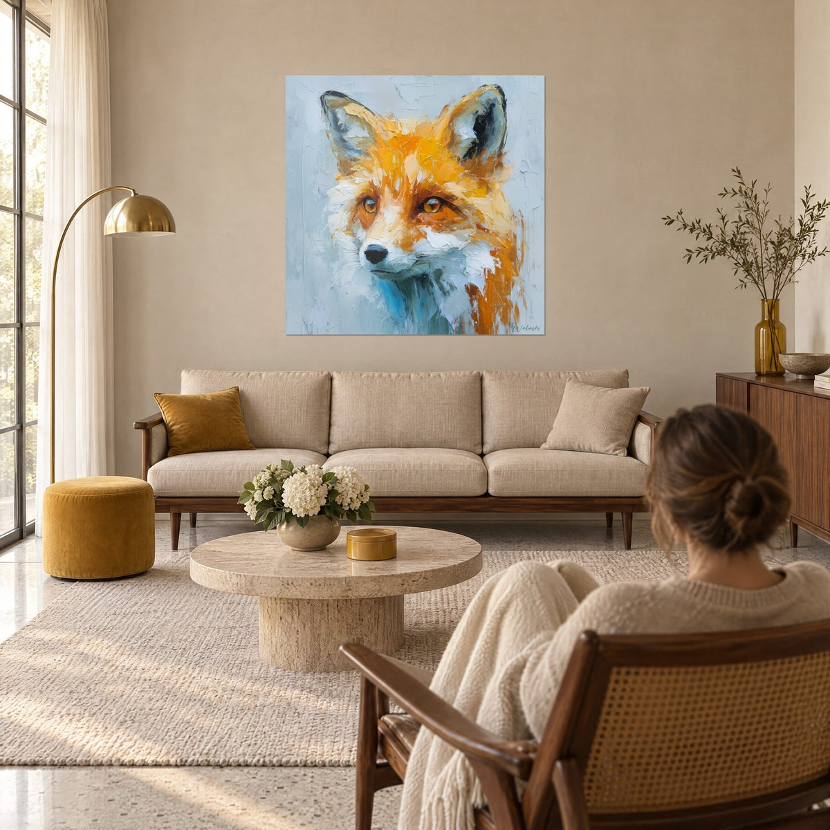 Wall art red fox with amber eyes, orange and cream fur, grey-blue background, woman seen from behind above a sofa in a bright living room