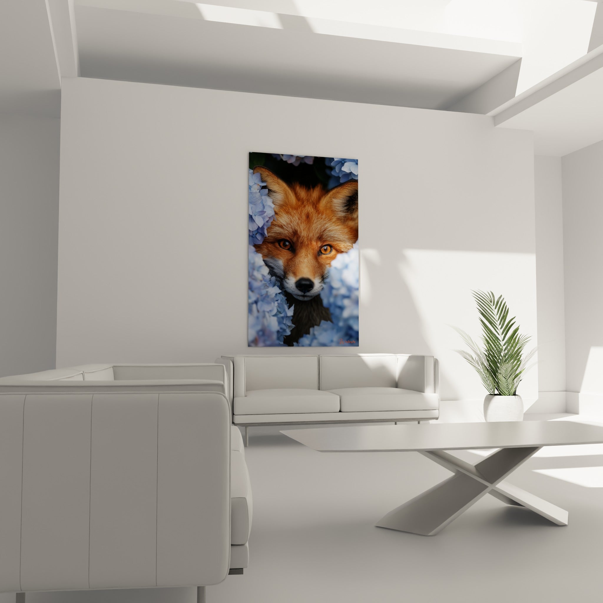 Regard perçant du renard orangé parmi les hortensias bleu ciel, au-dessus d'un canapé dans un salon lumineux