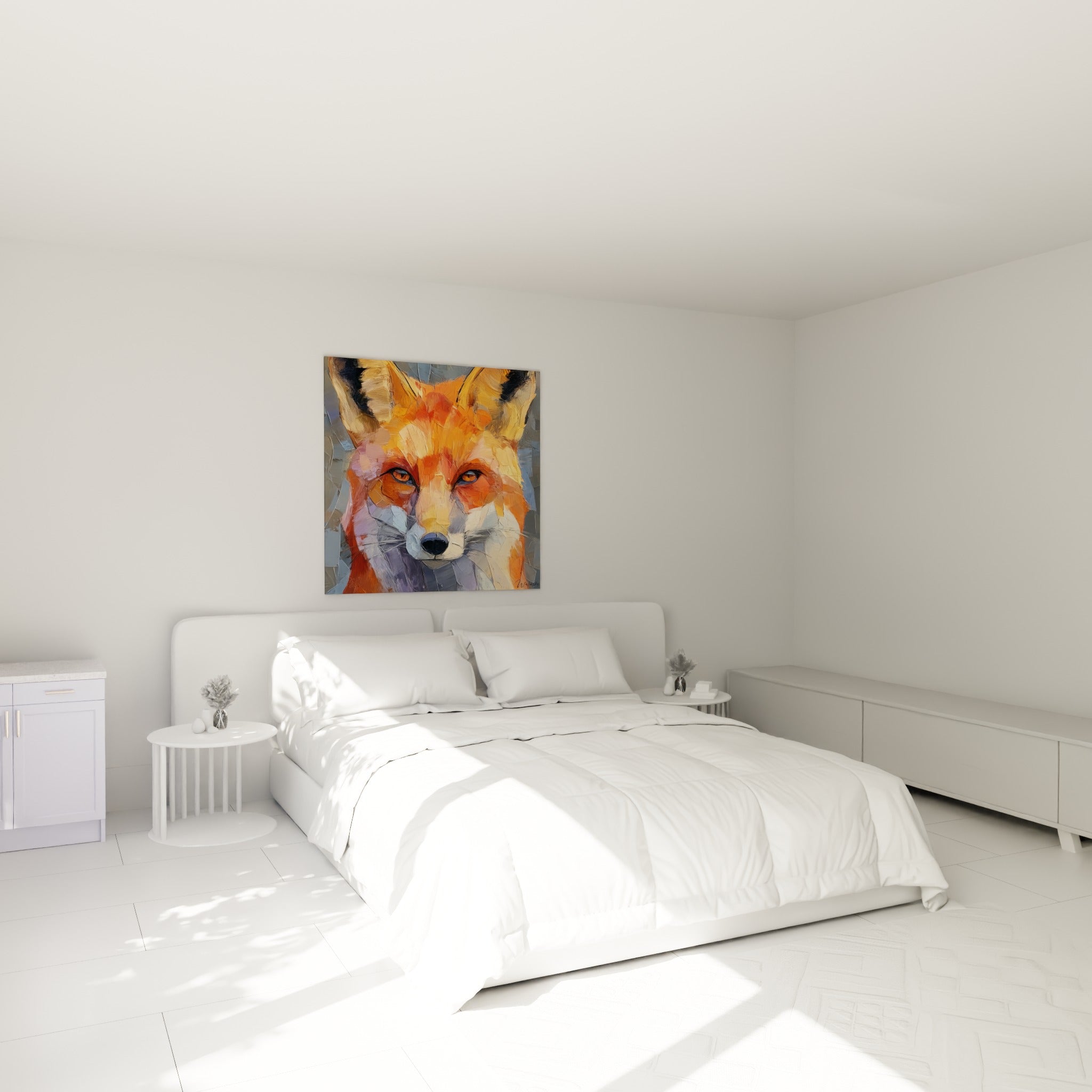 Museau de renard orangé aux yeux perçants accroché au-dessus d'un lit dans une chambre claire