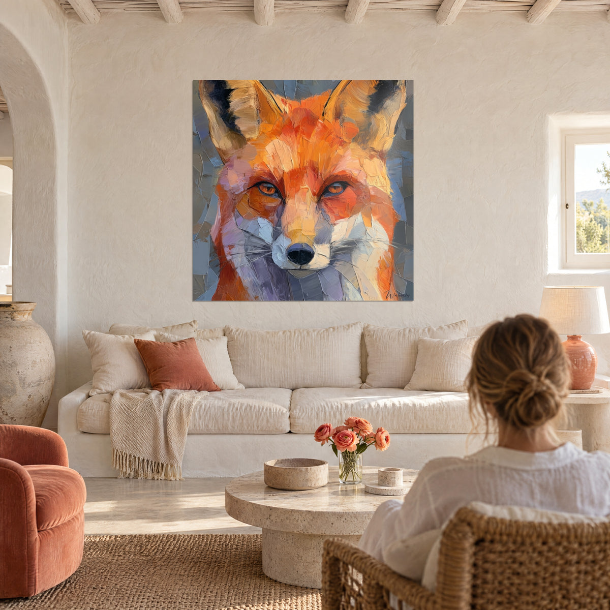 Πίνακας κόκκινη αλεπού με κεχριμπαρένια μάτια, πινελιές πορτοκαλί και γκριζομπλε, βλέπει μια γυναίκα πάνω από έναν καναπέ σε φωτεινό σαλόνι
