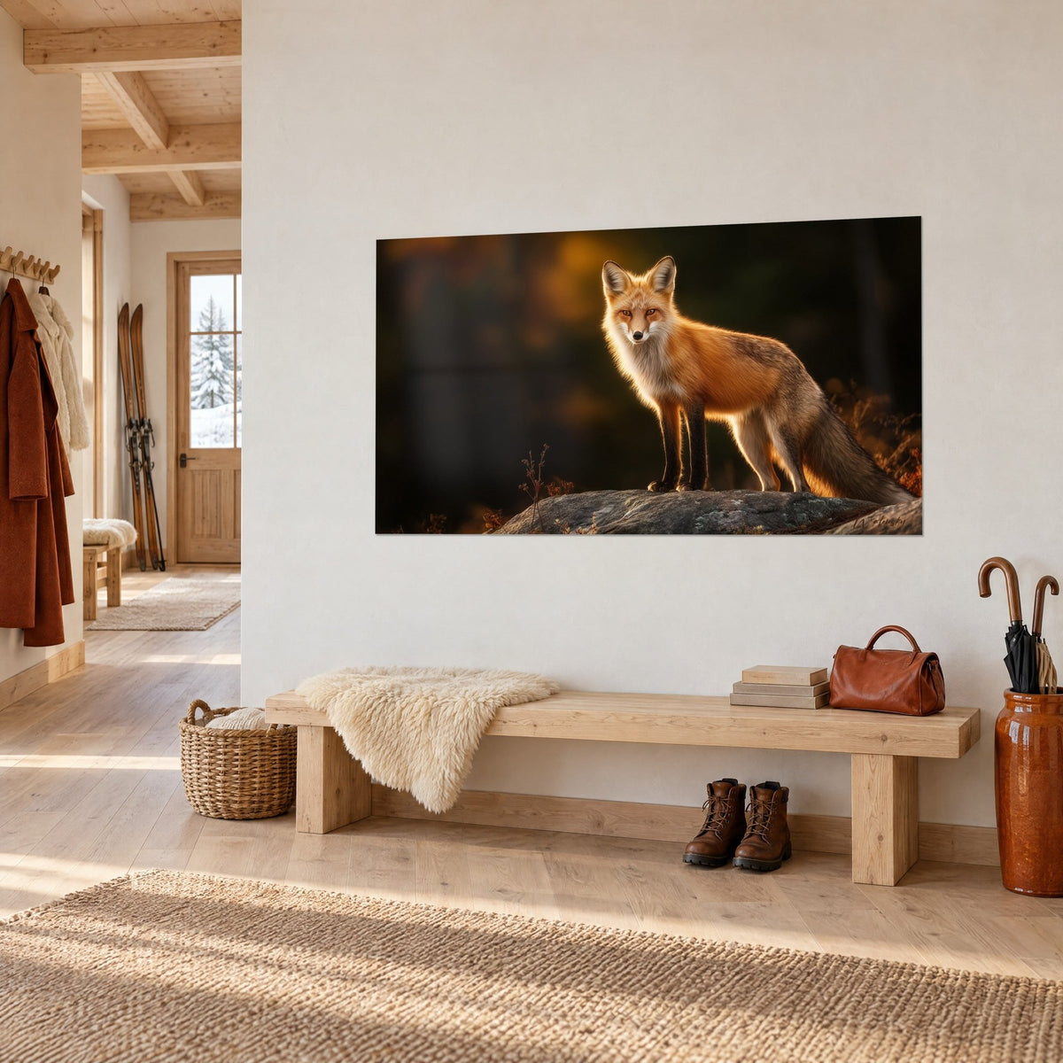 Wall art fox with amber gaze, bushy orange and black tail, perched on a light wood bench in front of a white chalet wall