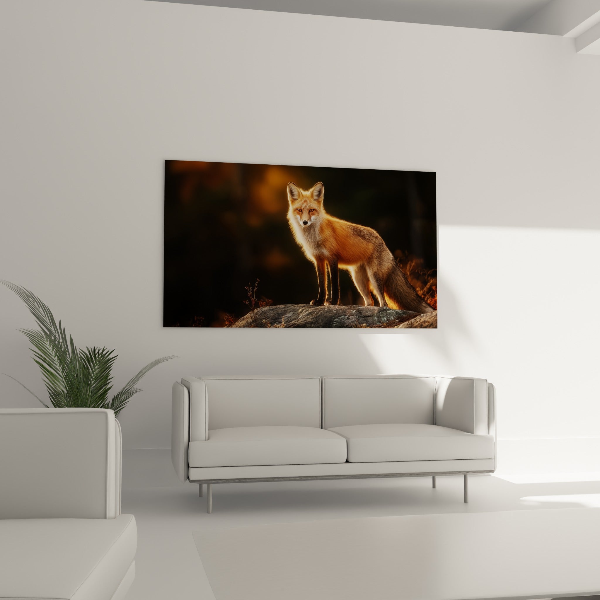 Silhouette du renard fauve et blanc figée sur la pierre, au-dessus d'un canapé dans un salon lumineux