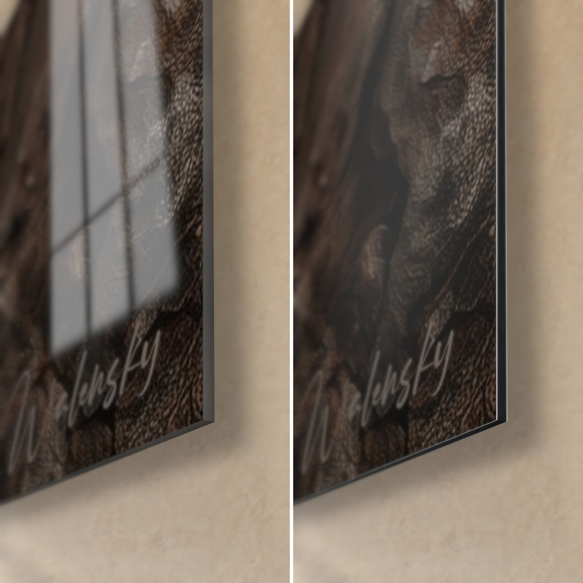 Wall art red fox, bottom right corner: glossy acrylic glass with reflections on the left, matt brown Dibond aluminium on the right, 3 mm edge