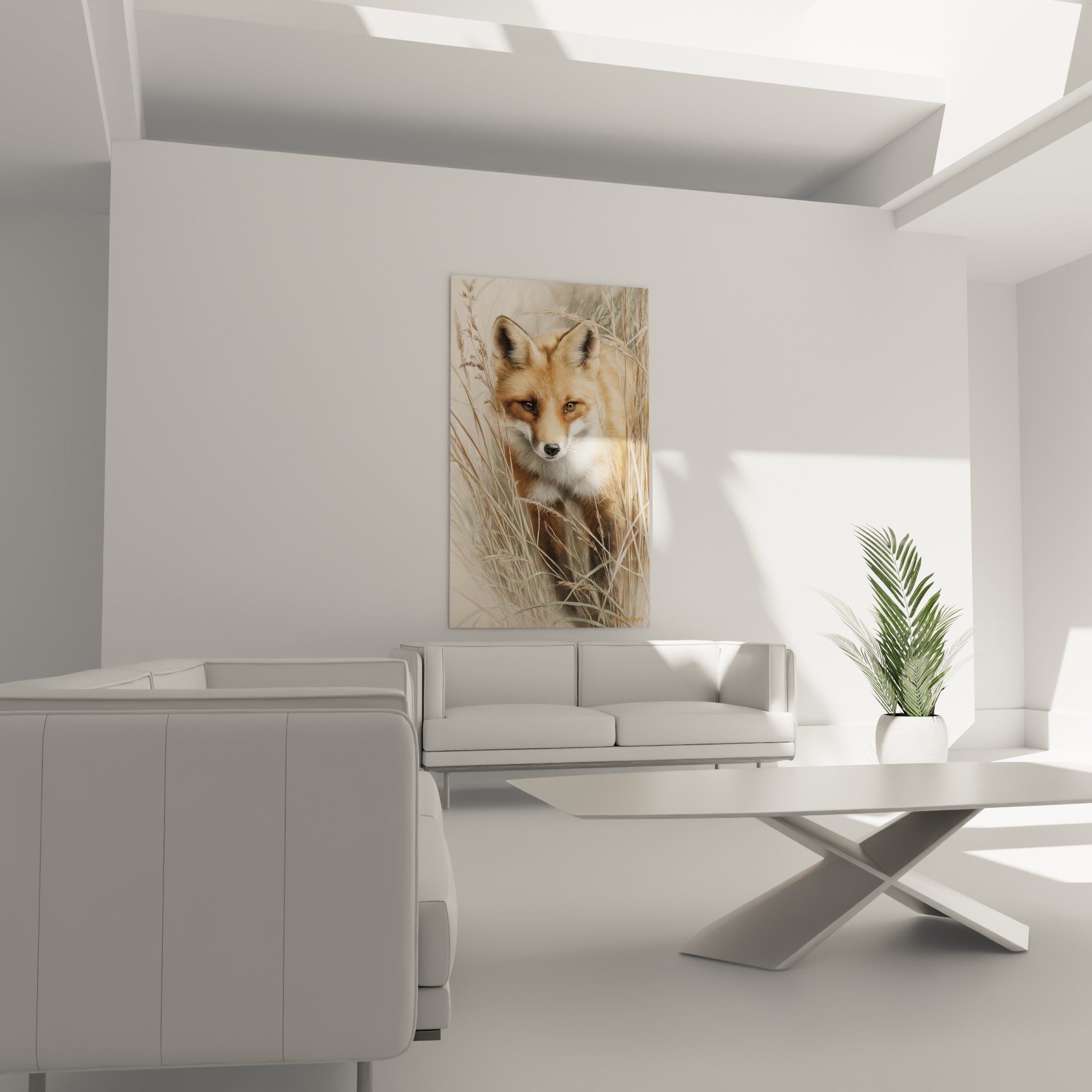 Renard aux yeux sombres et pelage orangé émergeant des herbes grises, au-dessus d'un canapé dans un salon lumineux