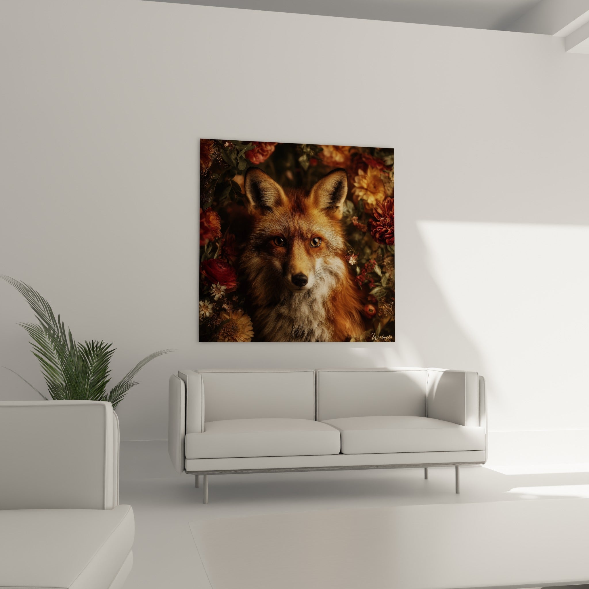 Oreilles dressées du renard fauve parmi les pivoines bordeaux, au-dessus d'un canapé dans un salon lumineux