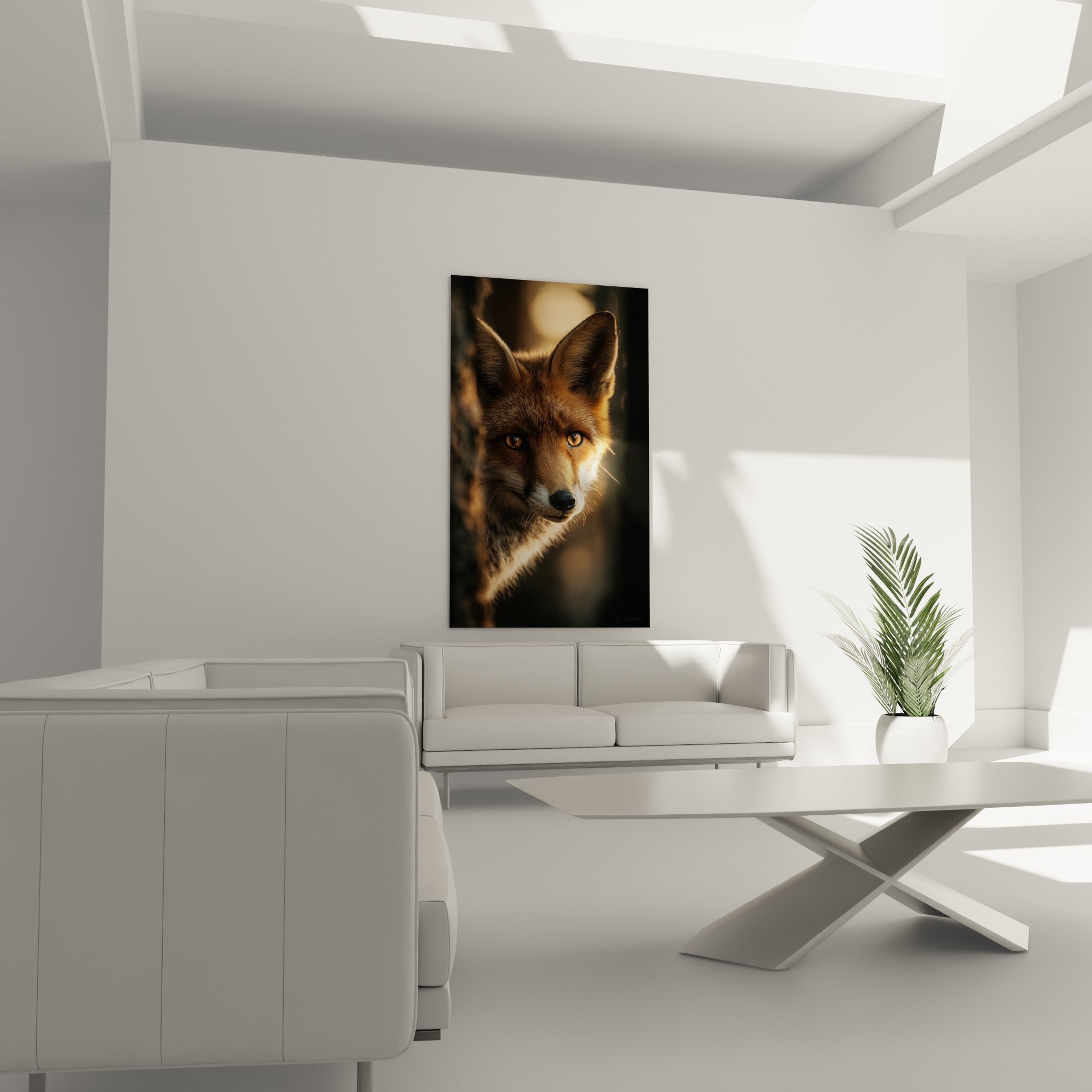 Fourrure rousse et oreilles dressées du renard au-dessus d'un canapé dans un salon lumineux