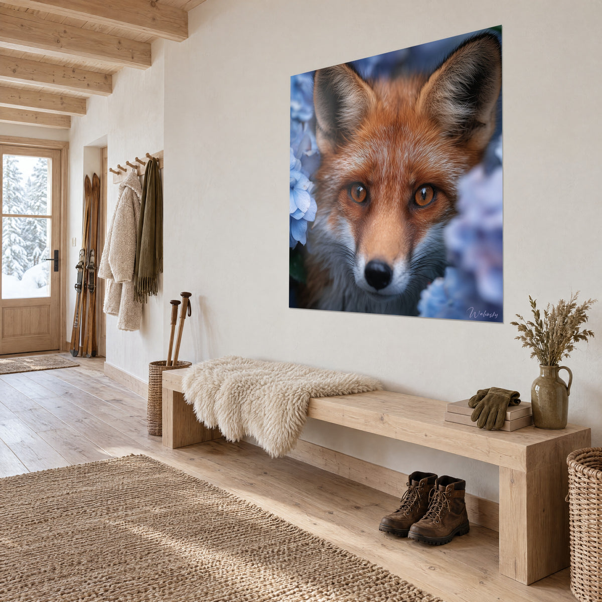 Gemälde Fuchsschnauze mit weißer Schnauze und orangefarbenem Fell, umgeben von Vergissmeinnicht-blauen Blütenblättern, an einer beigen Wand neben einer Holzbank