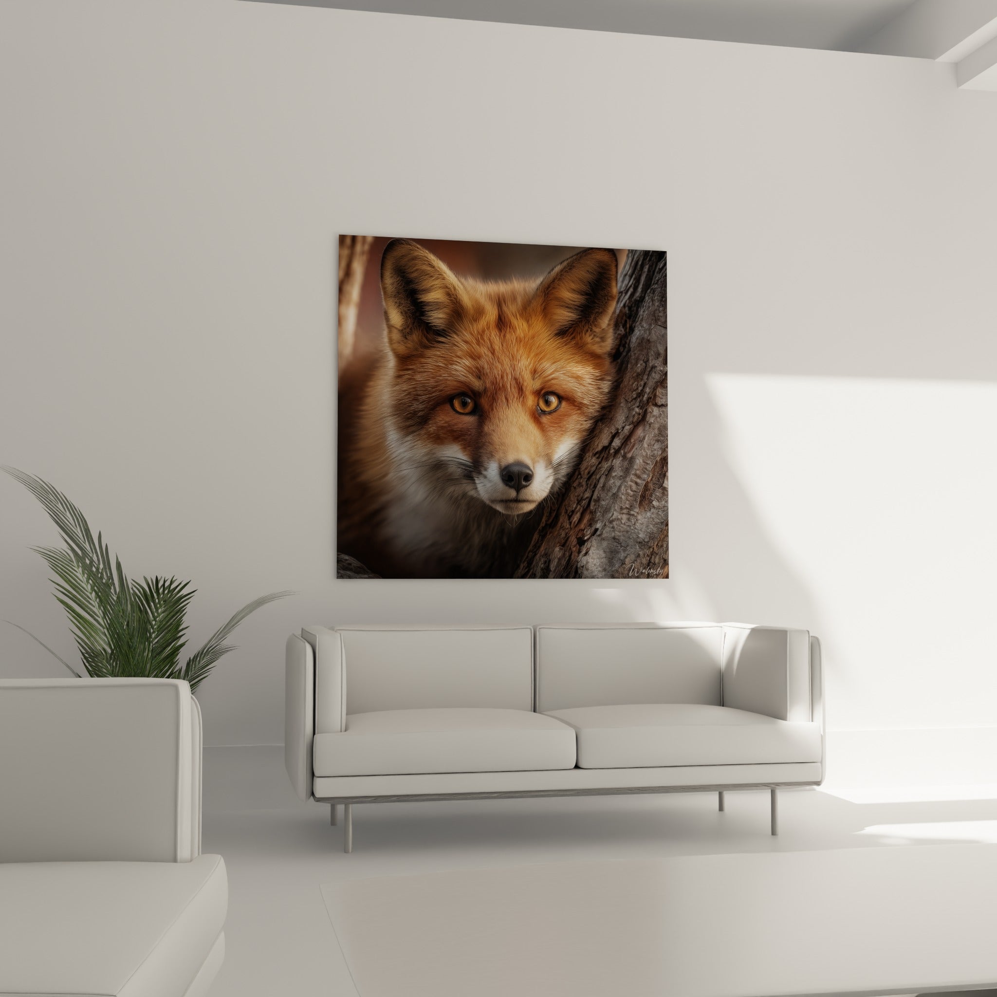 Renard aux oreilles dressées, fourrure orangée et blanche, suspendu au-dessus d'un canapé dans un salon lumineux