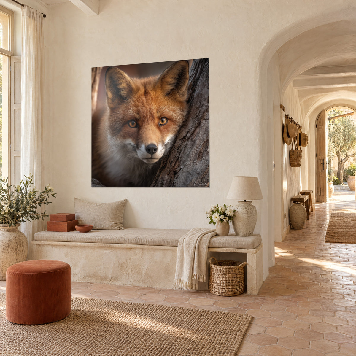 Gemälde Fuchs mit kupferfarbenem Fell und schwarz umrandeten Ohren, angelehnt an einen braunen Baumstamm, im Hintergrund eines Steinbogens