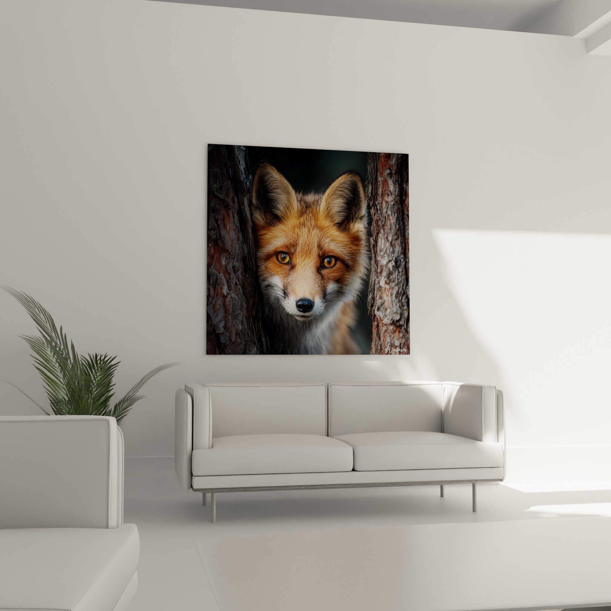 Oreilles dressées d'un renard fauve entre des écorces brunes, au-dessus d'un canapé dans un salon lumineux