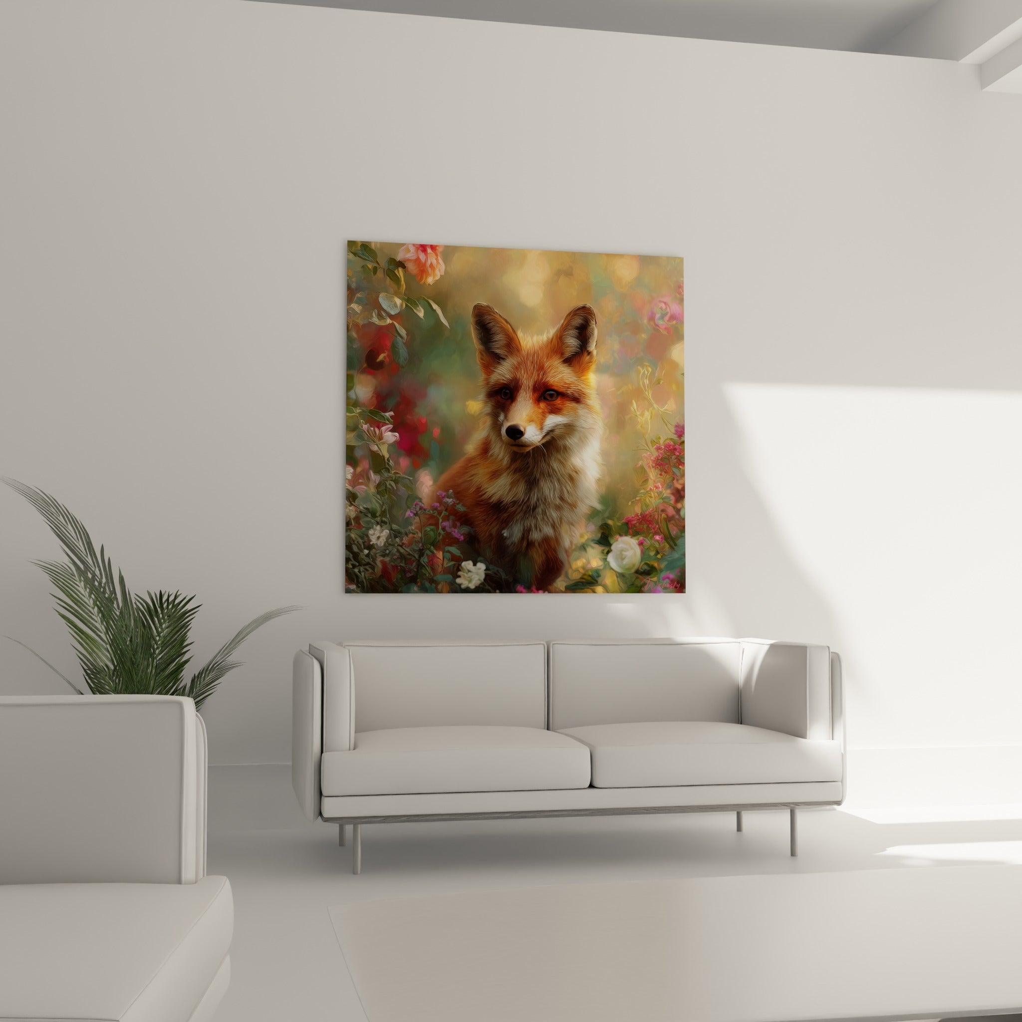 Oreilles dressées et fourrure rousse du renard parmi les fleurs, au-dessus d'un canapé dans un salon lumineux.