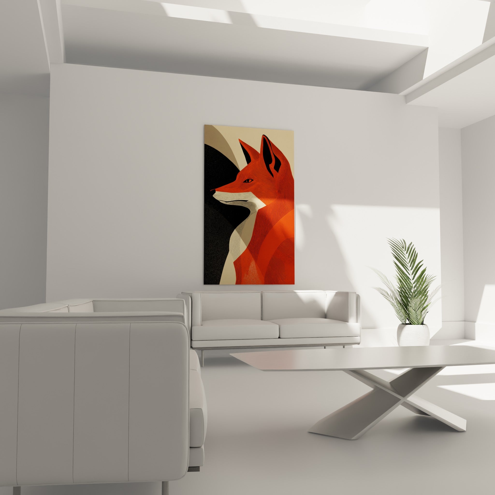 Oreilles noires dressées du renard graphique aux tons ocre et crème, au-dessus d'un canapé dans un salon lumineux