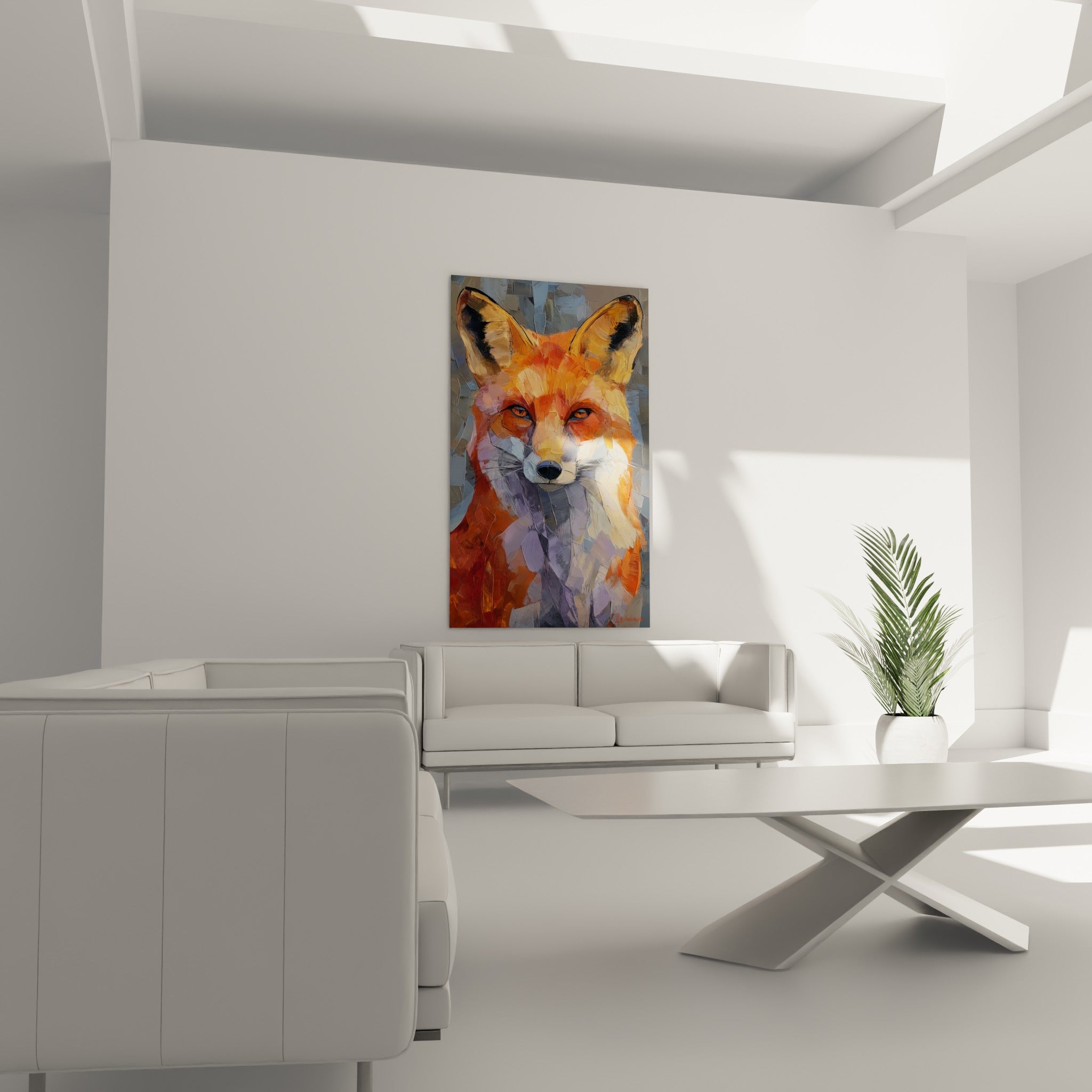 Oreilles noires et pelage orangé du renard accrochés au-dessus d'un canapé dans un salon lumineux.