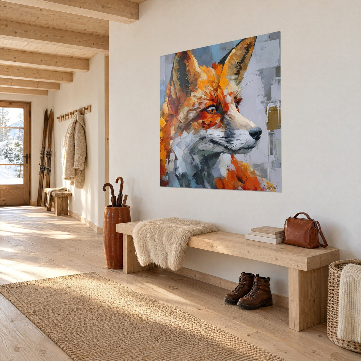 Wall art slender fox muzzle, bold orange palette-knife strokes and blue-grey background, on a white chalet entrance wall beside a bench
