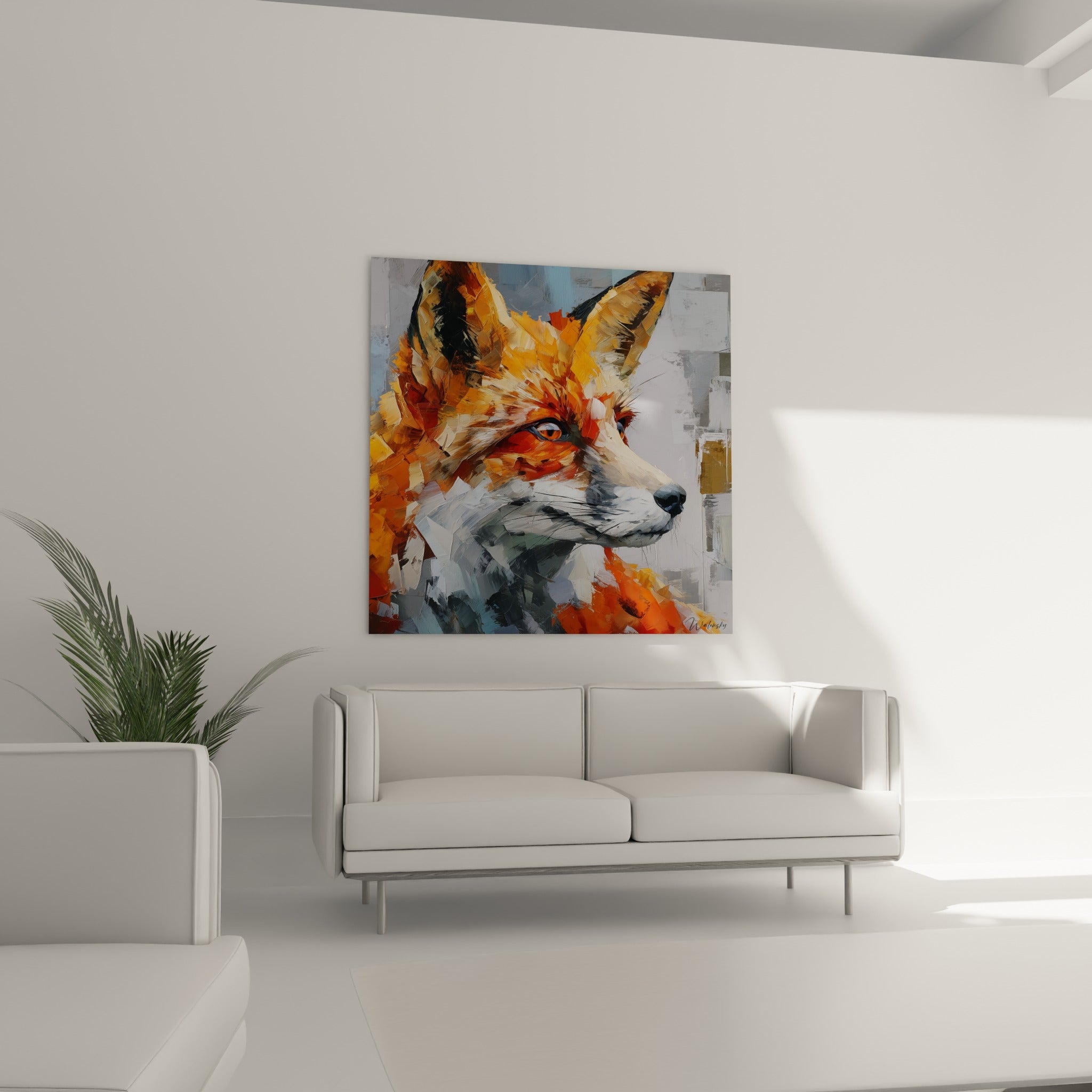 Oreilles dressées et regard perçant du renard orange et anthracite, au-dessus d'un canapé dans un salon lumineux