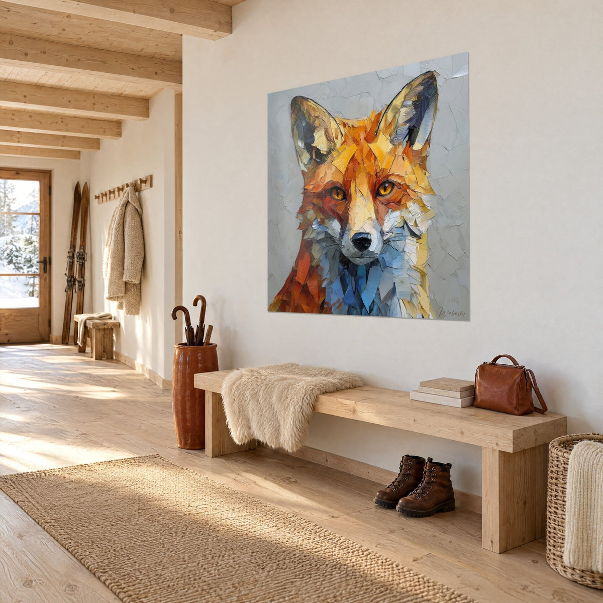 Gemälde Fuchsporträt in Spachteltechnik, ockerfarbene Ohren und stahlblaue Brust, an der Wand eines holzverkleideten Chalet-Eingangs