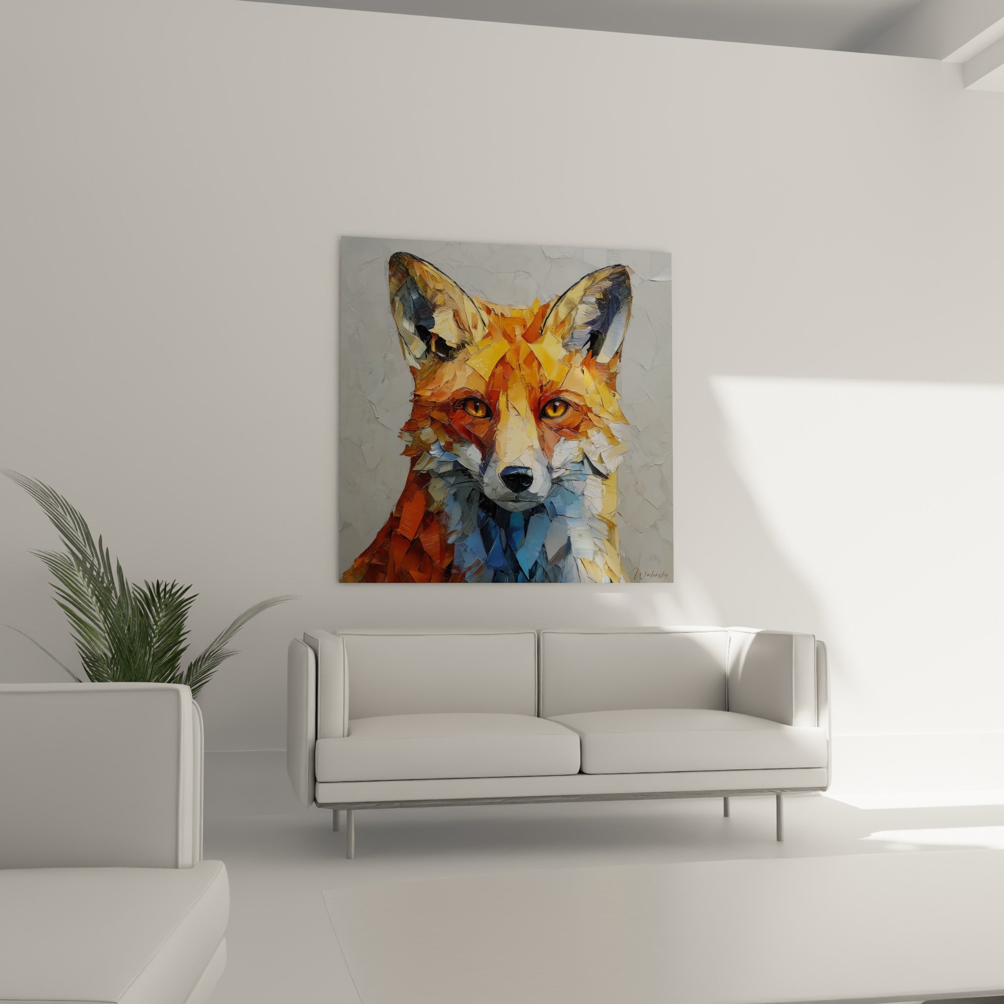 Oreilles dressées du renard fauve, camaïeu roux et gris anthracite, au-dessus d'un canapé dans un salon lumineux