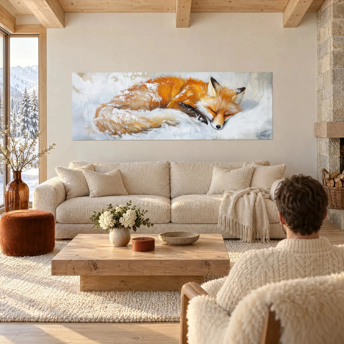 Cuadro de un zorro rojo dormido en la nieve, pelaje naranja y blanco, encima de un sofá en un salón luminoso